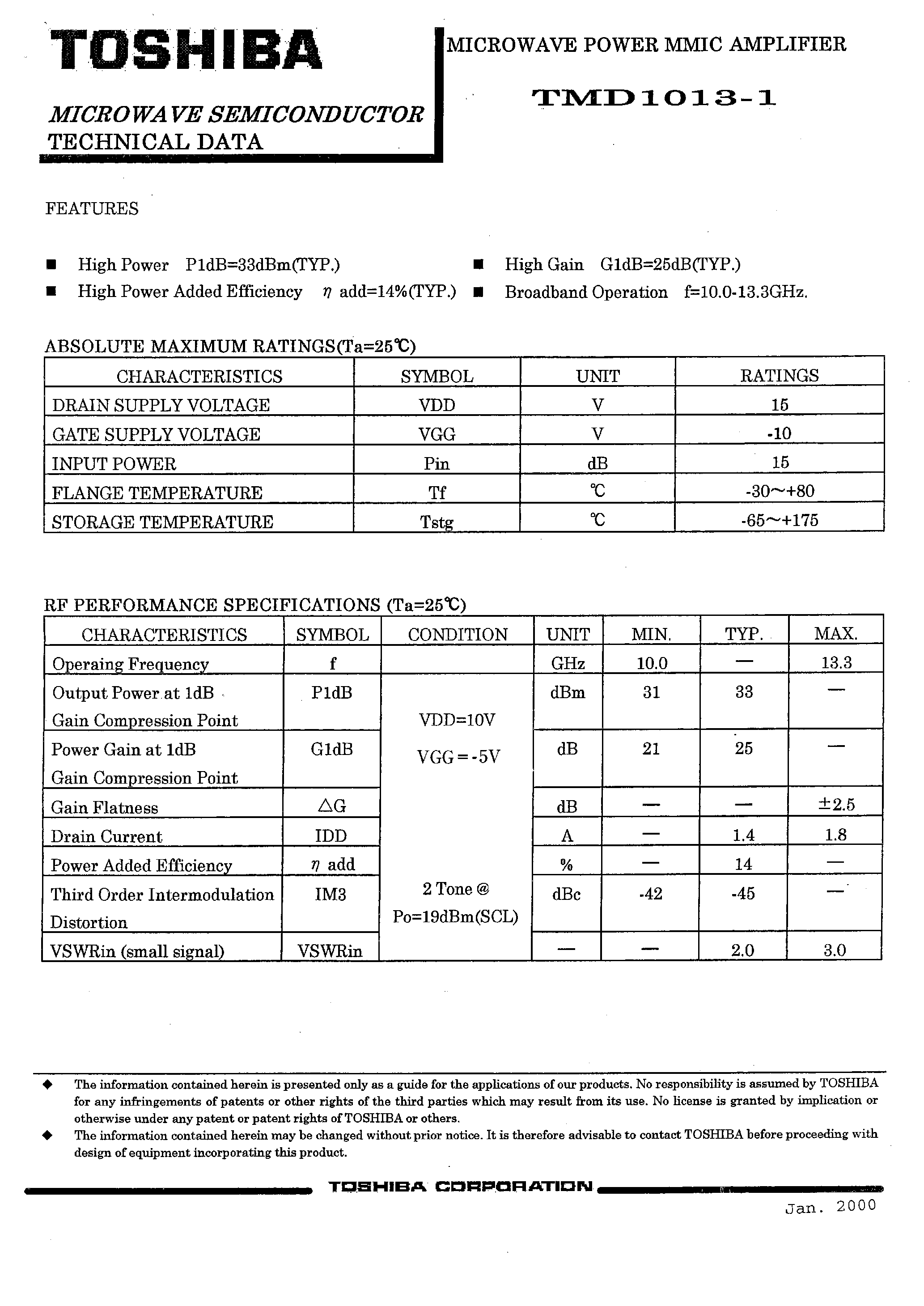 Datasheet TMD1013-1 page 1 Datasheet TMD1013-1 - MICROWAVE POWER MMIC AMPLIFIER page 1