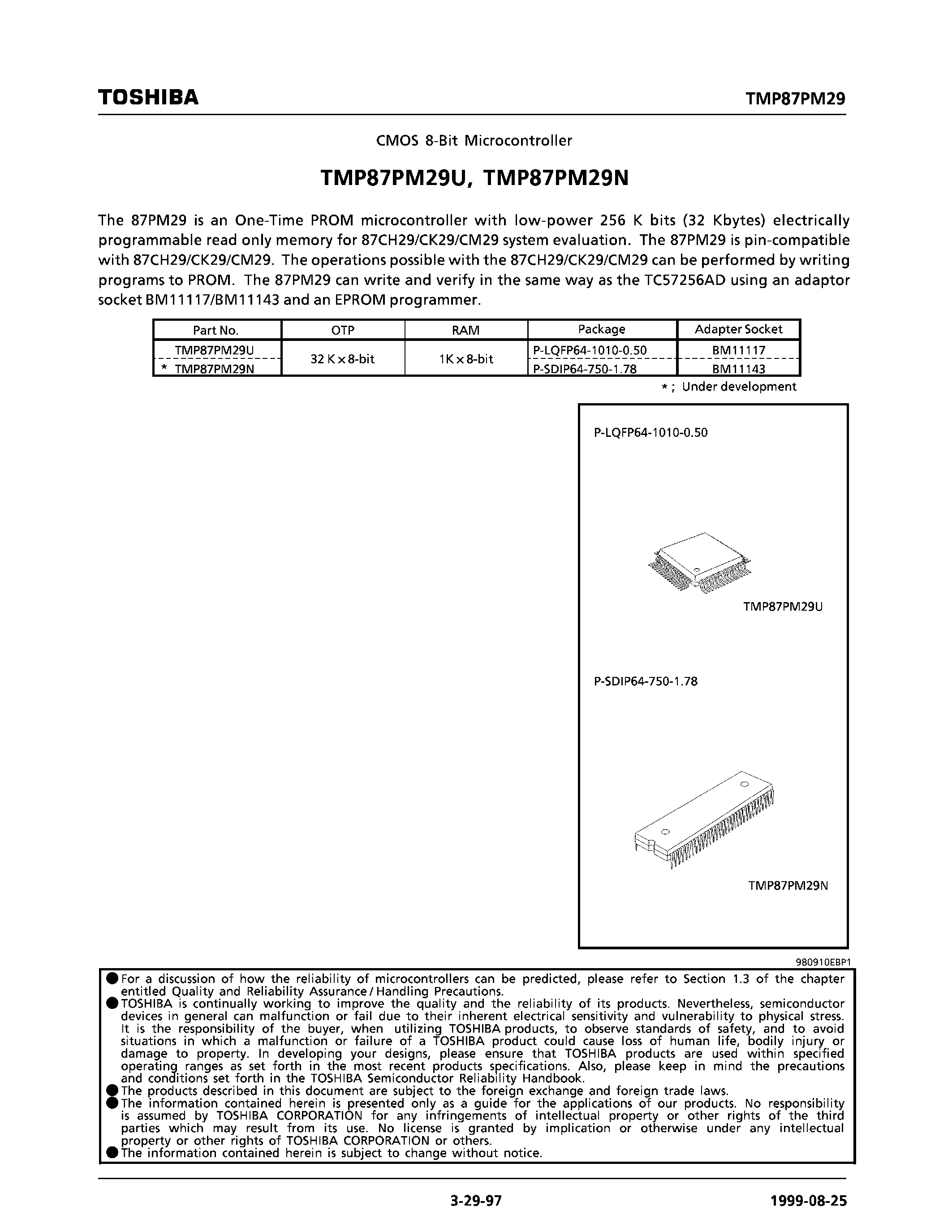 Datasheet TMP87PM29N page 1 Datasheet TMP87PM29N - (TMP87PM29N/U) CMOS 8-Bit Microcontroller page 1
