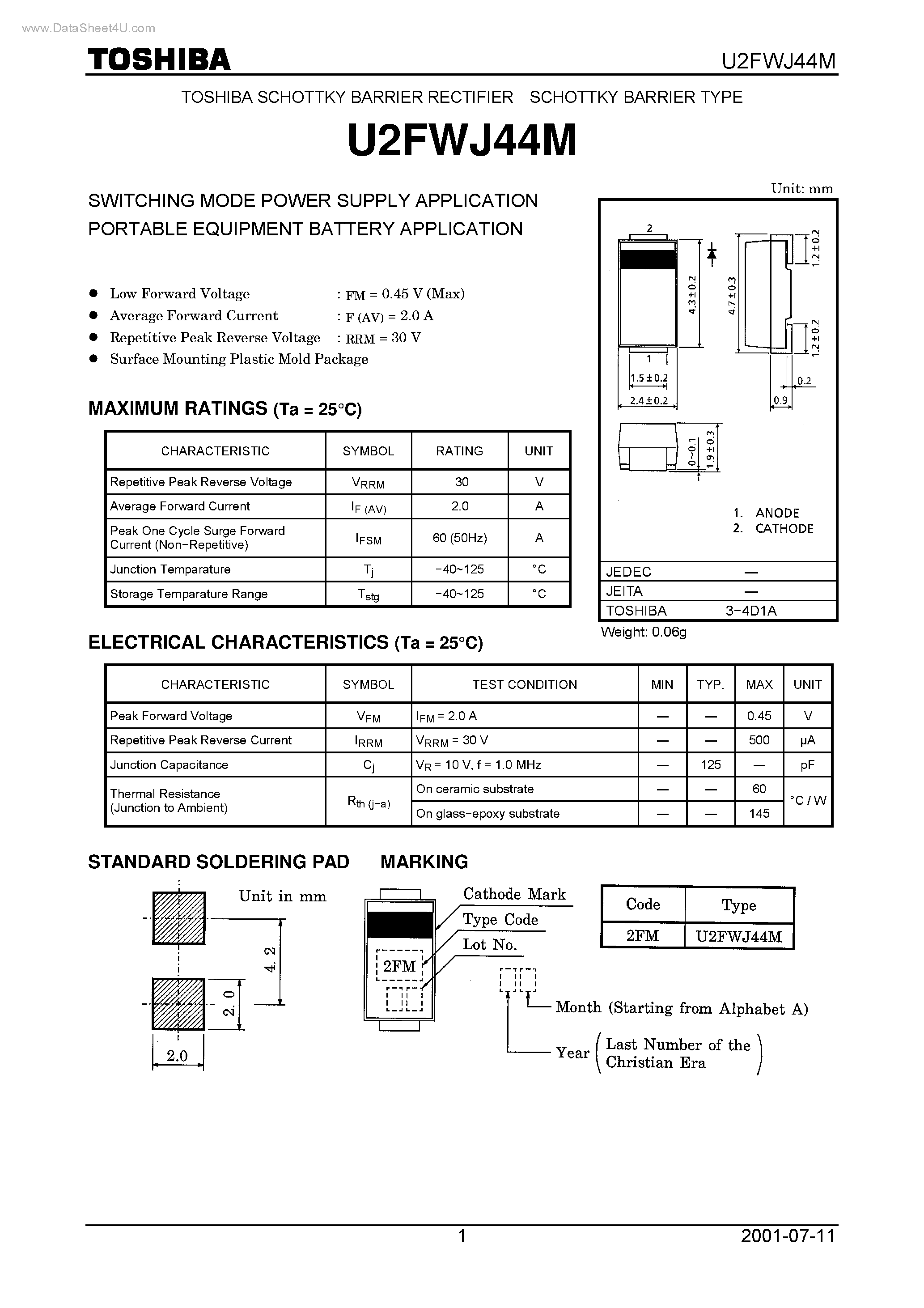 Datasheet U2FWJ44M page 1 Datasheet U2FWJ44M - SWITCHING MODE POWER SUPPLY APPLICATION PORTABLE EQUIPMENT BATTERY APPLICATION page 1