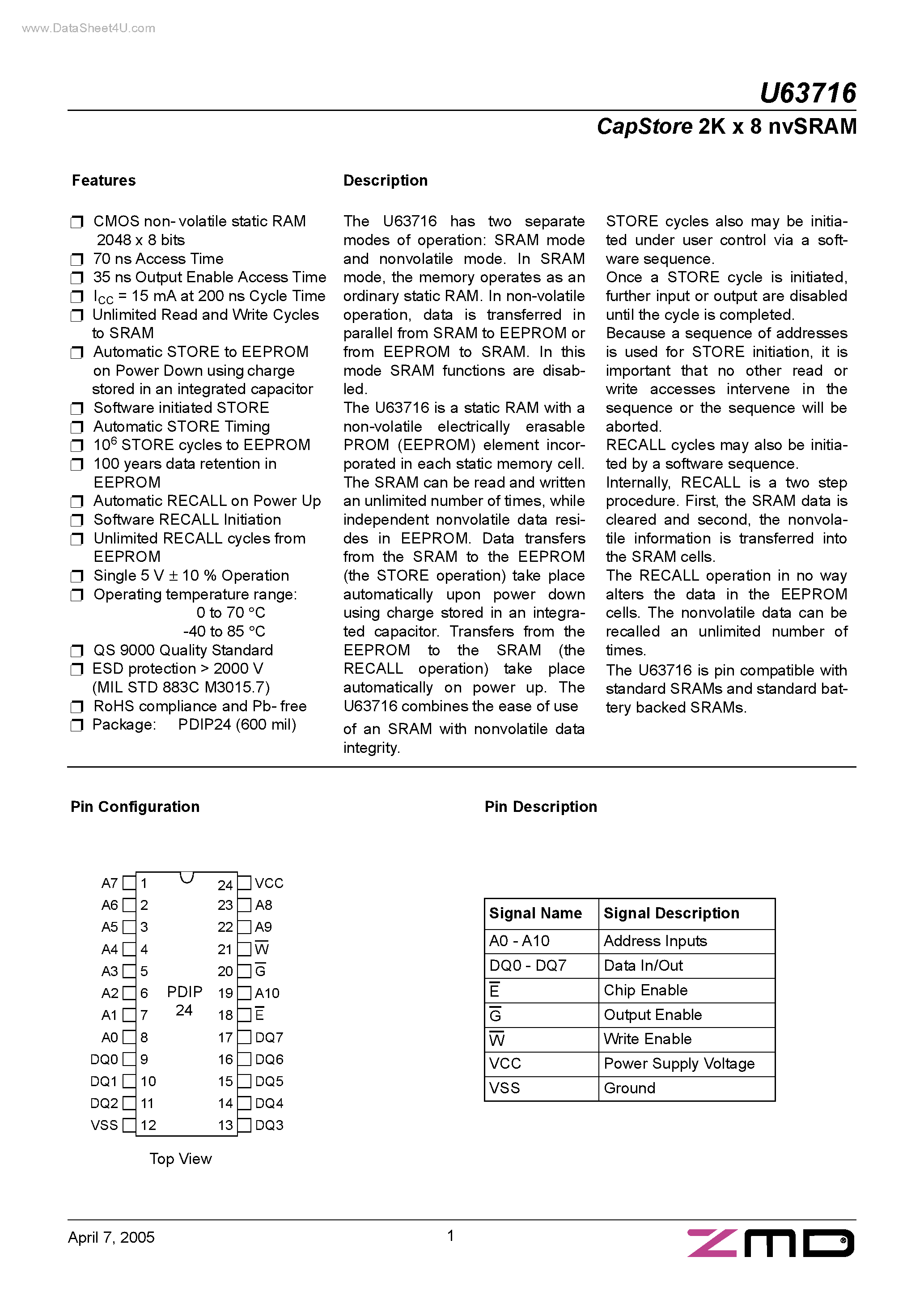 Даташит U63716 - CAPSTORE 2K X 8 NVSRAM страница 1