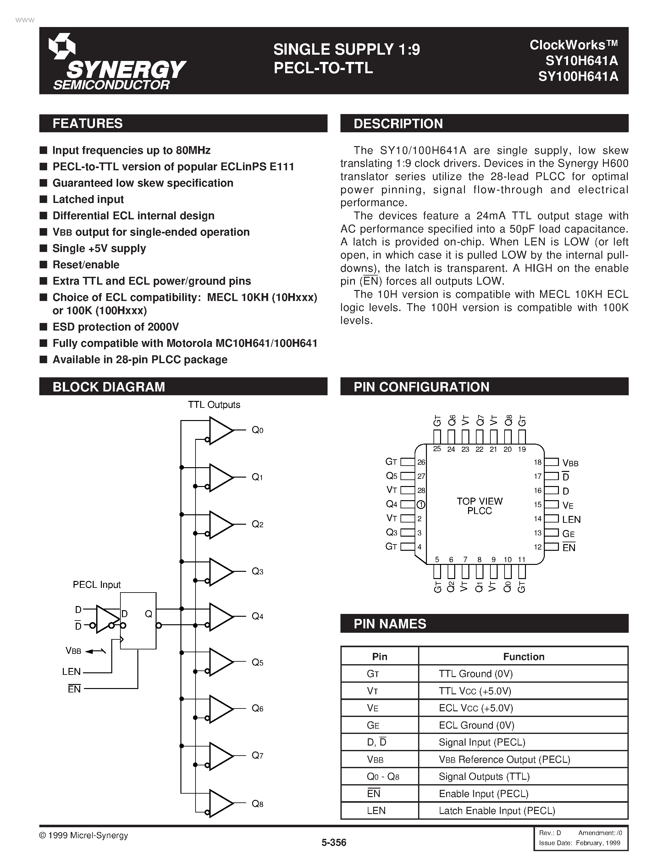 Даташит на микросхему SY100H641A страница 1 Даташит SY100H641A - SINGLE SUPPLY 1:9 PECL-TO-TTL страница 1