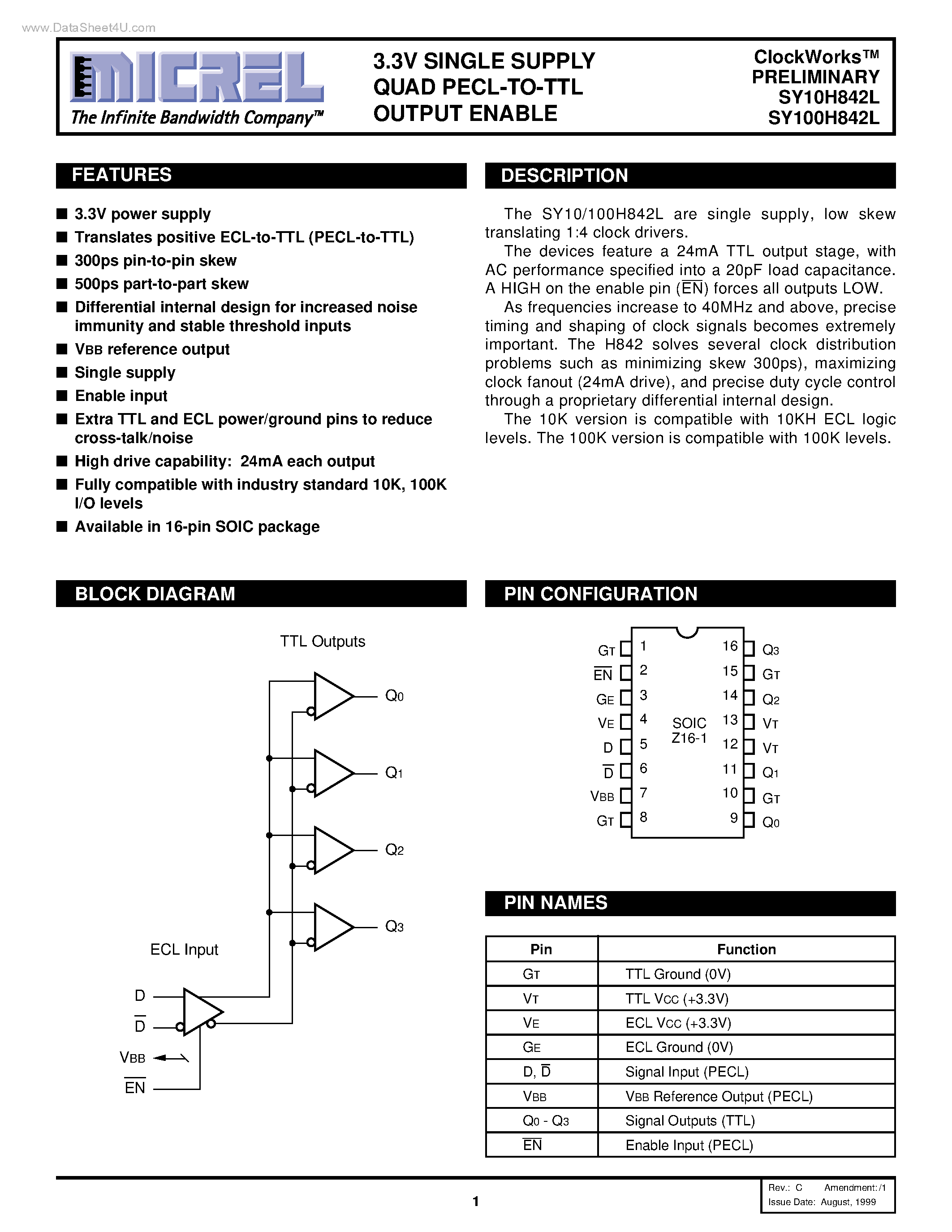 Datasheet SY10H842L page 1 Datasheet SY10H842L - 3.3V SINGLE SUPPLY QUAD PECL-TO-TTL OUTPUT ENABLE page 1