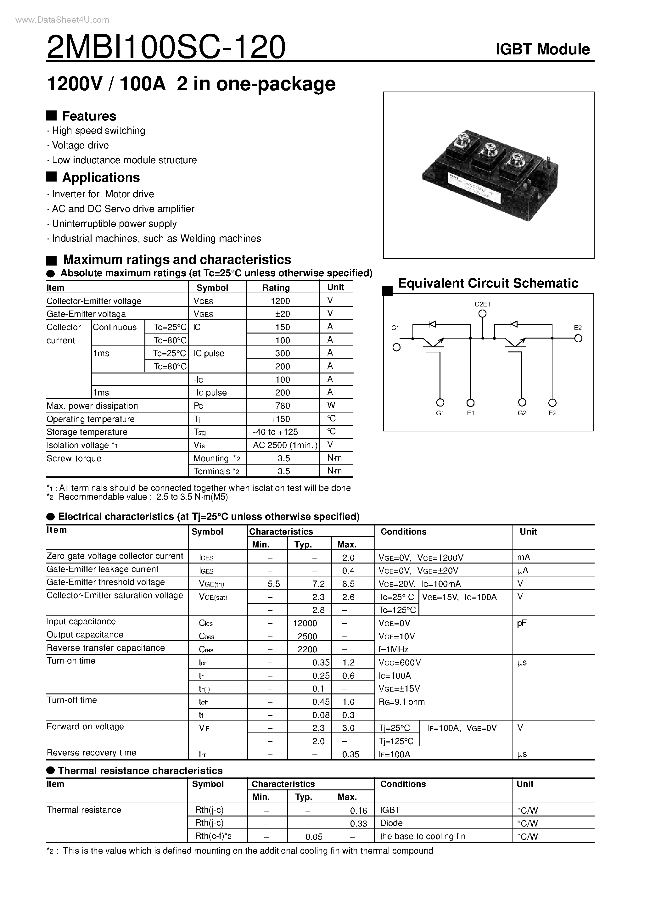 Datasheet 2MBI100SC-120 - 1200V / 100A 2 in one-package page 1