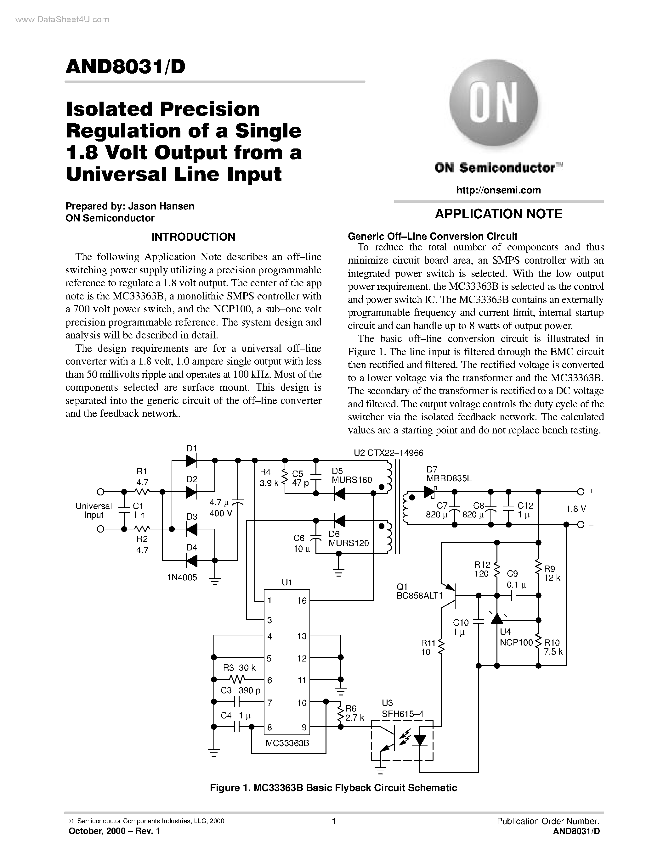 Datasheet AND8031 - Isolated Precision Regulation of a Single 1.8 Volt Output from a Universal Line Input page 1