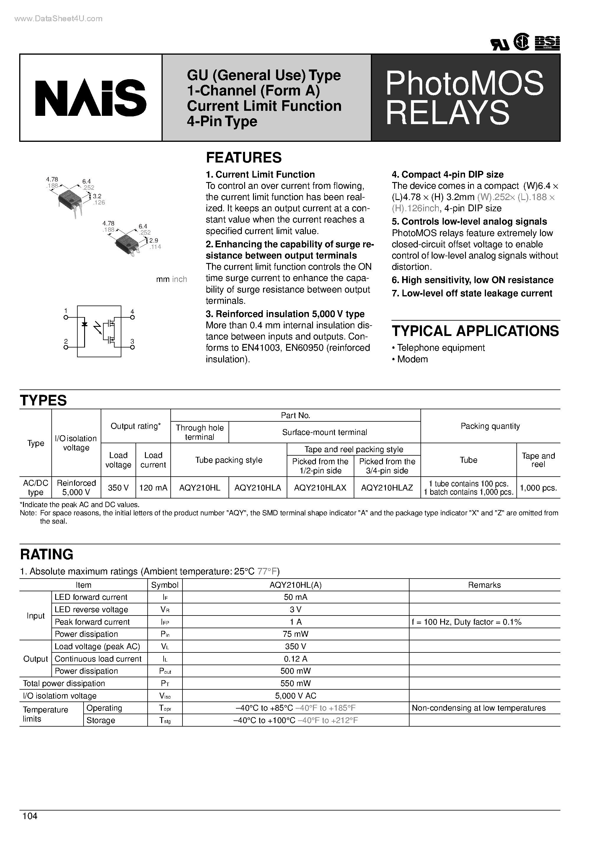 Datasheet AQY210HL - Type 1-Channel (Form A) Current Limit Function 4-Pin Type page 1