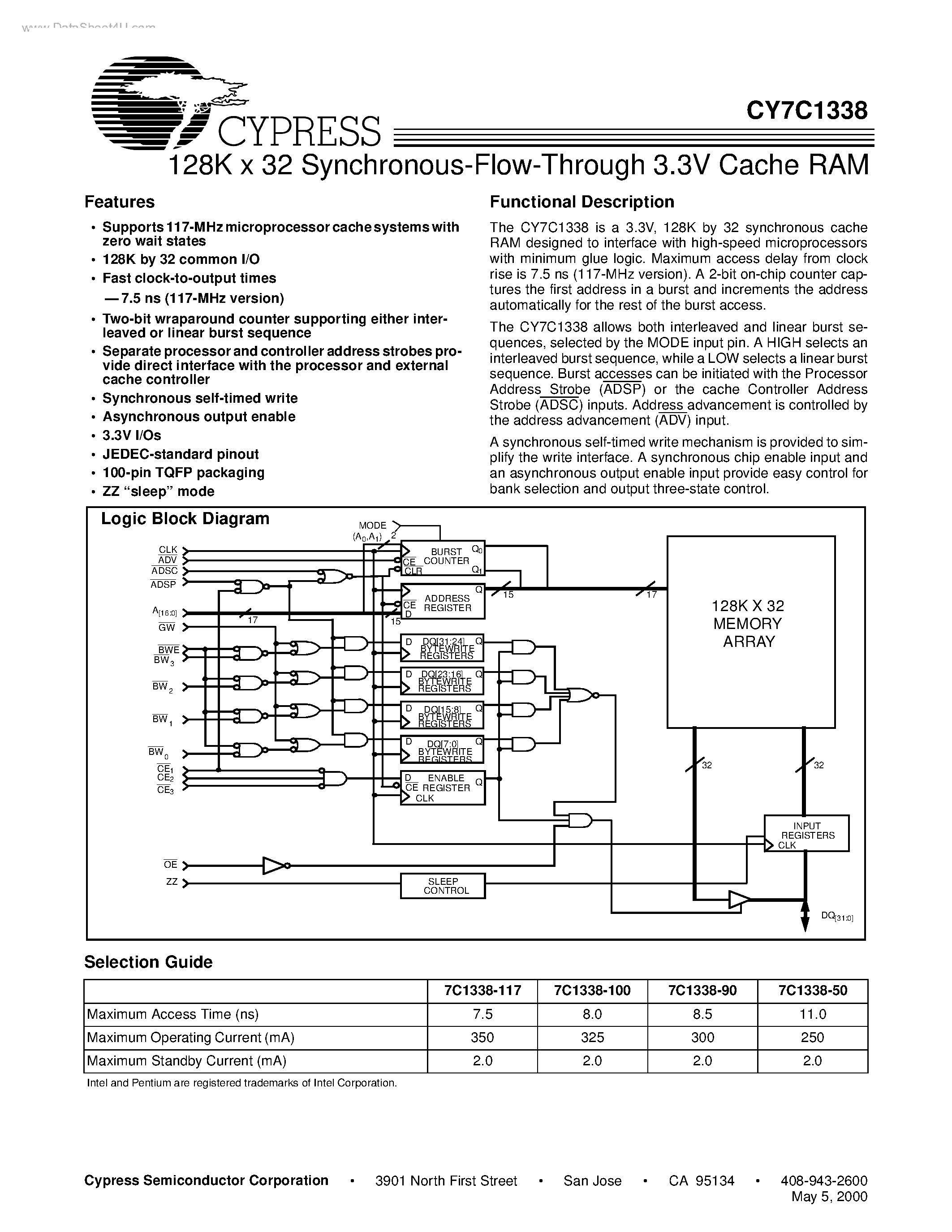 Datasheet CY7C1338 page 1 Datasheet CY7C1338 - 128K x 32 Synchronous-Flow-Through 3.3V Cache RAM page 1