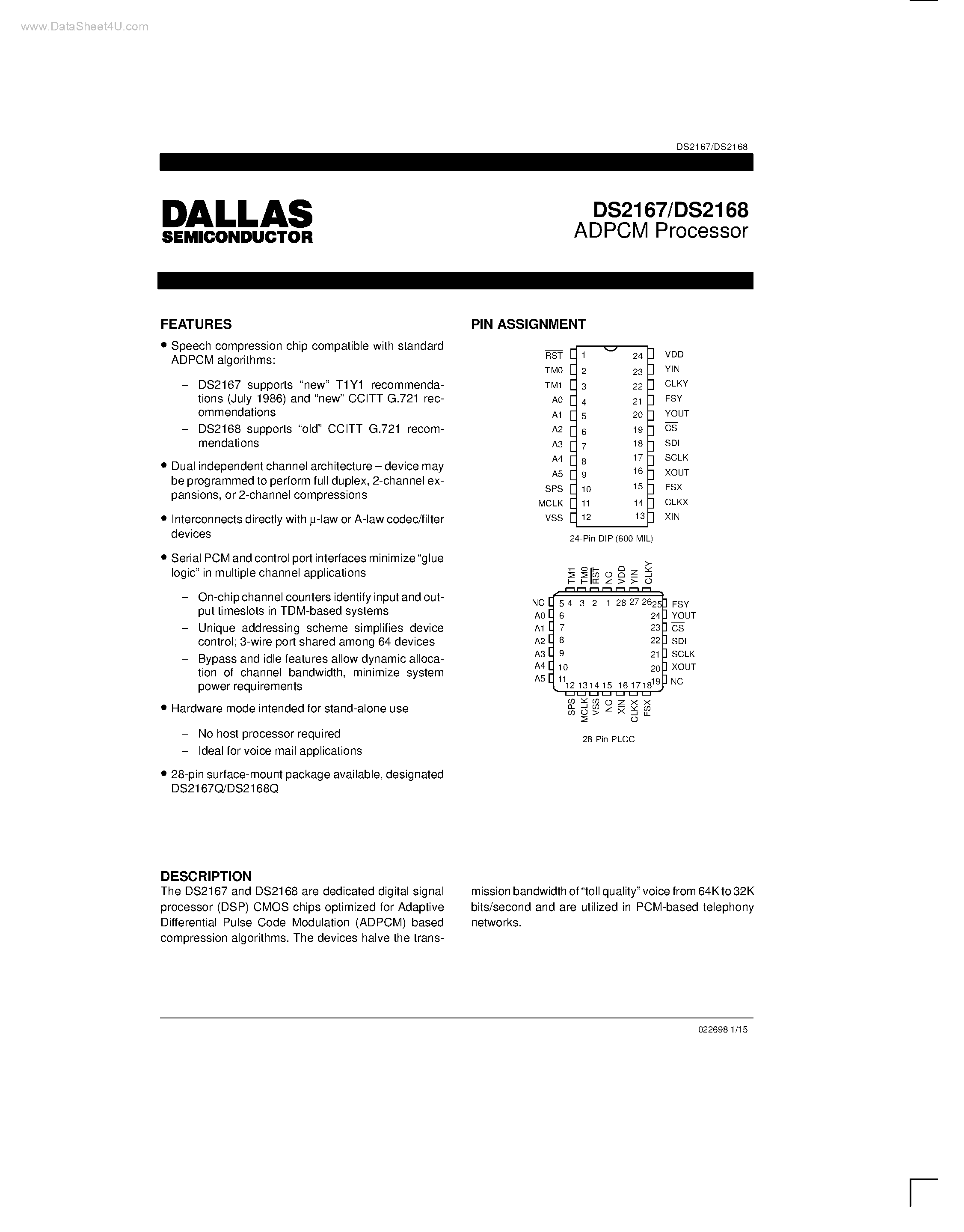 Даташит DS2167 - (DS2167 / DS2168) ADPCM Processor страница 1