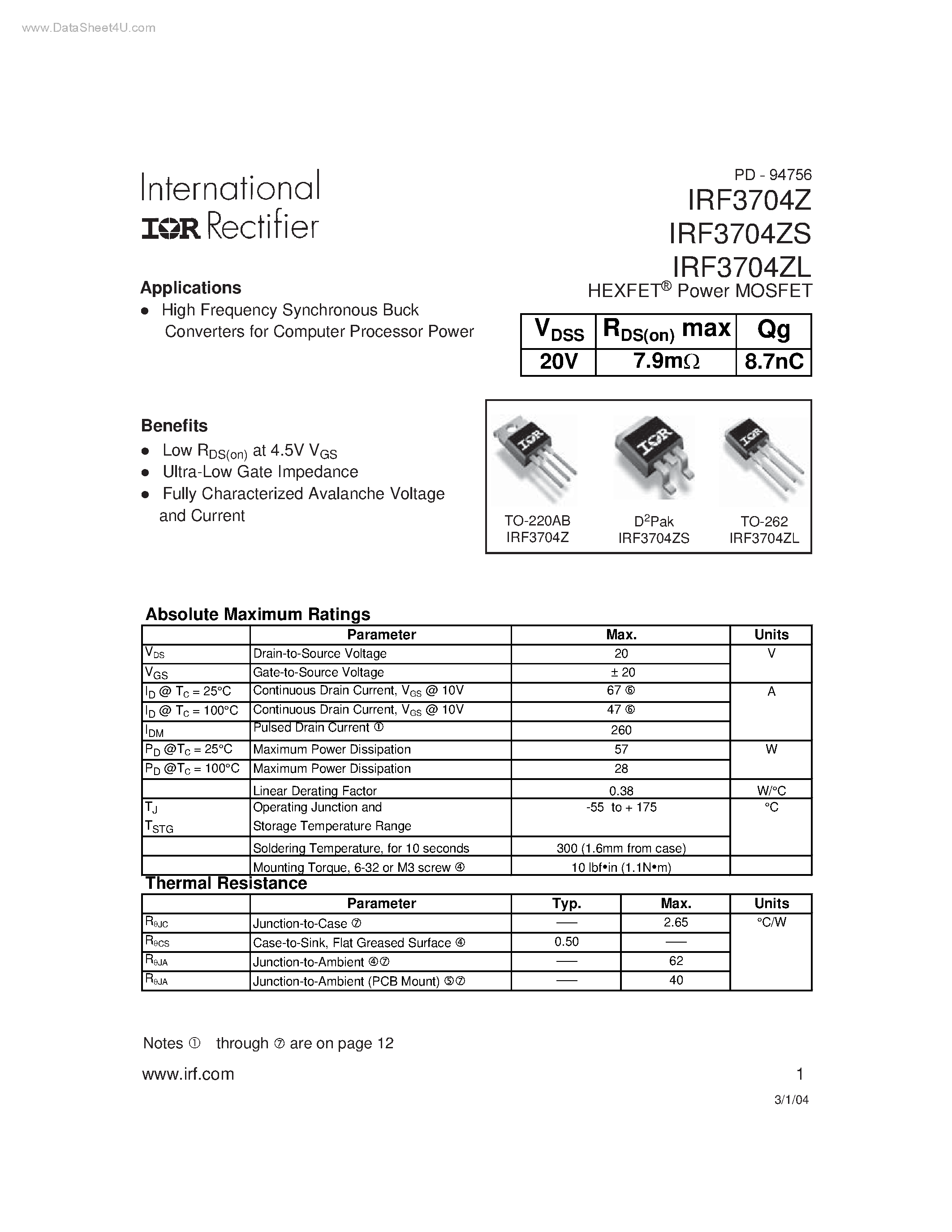 Datasheet IRF3704Z - HEXFET Power MOSFET page 1