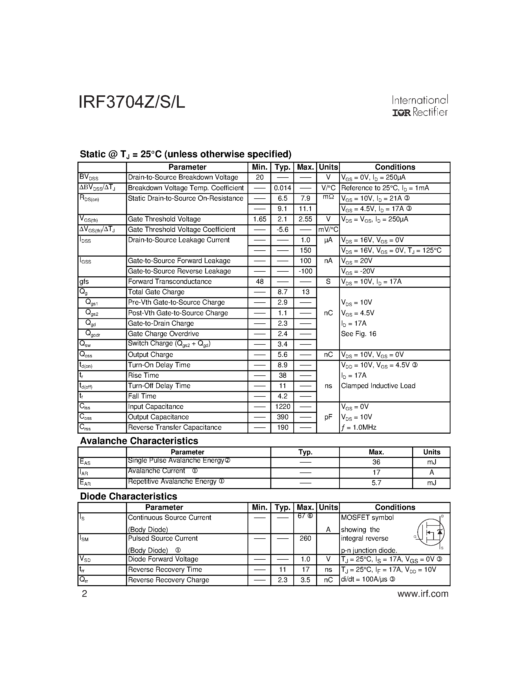 Datasheet IRF3704Z - HEXFET Power MOSFET page 2