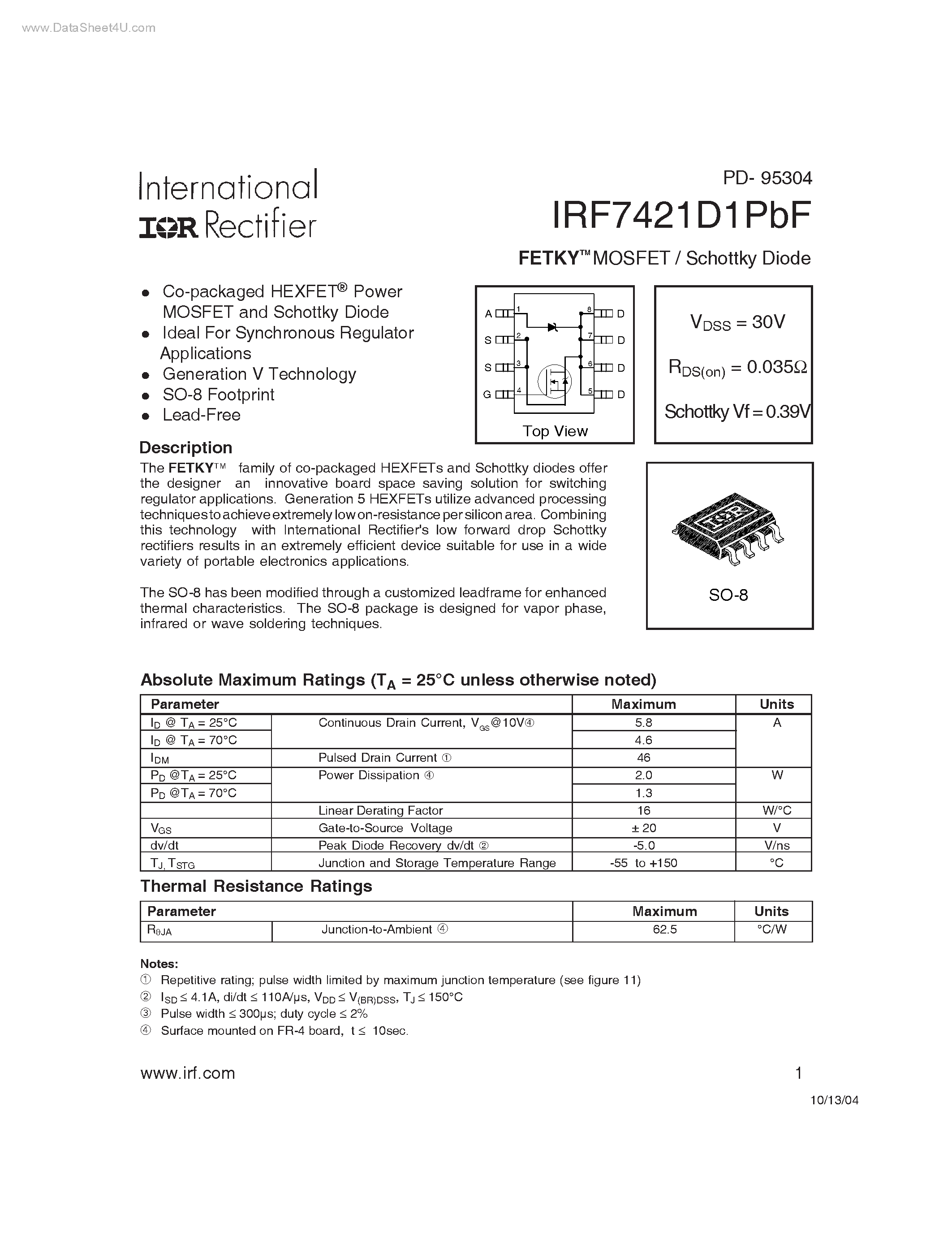 Datasheet IRF7421D1PBF - FETKY MOSFET / Schottky Diode page 1
