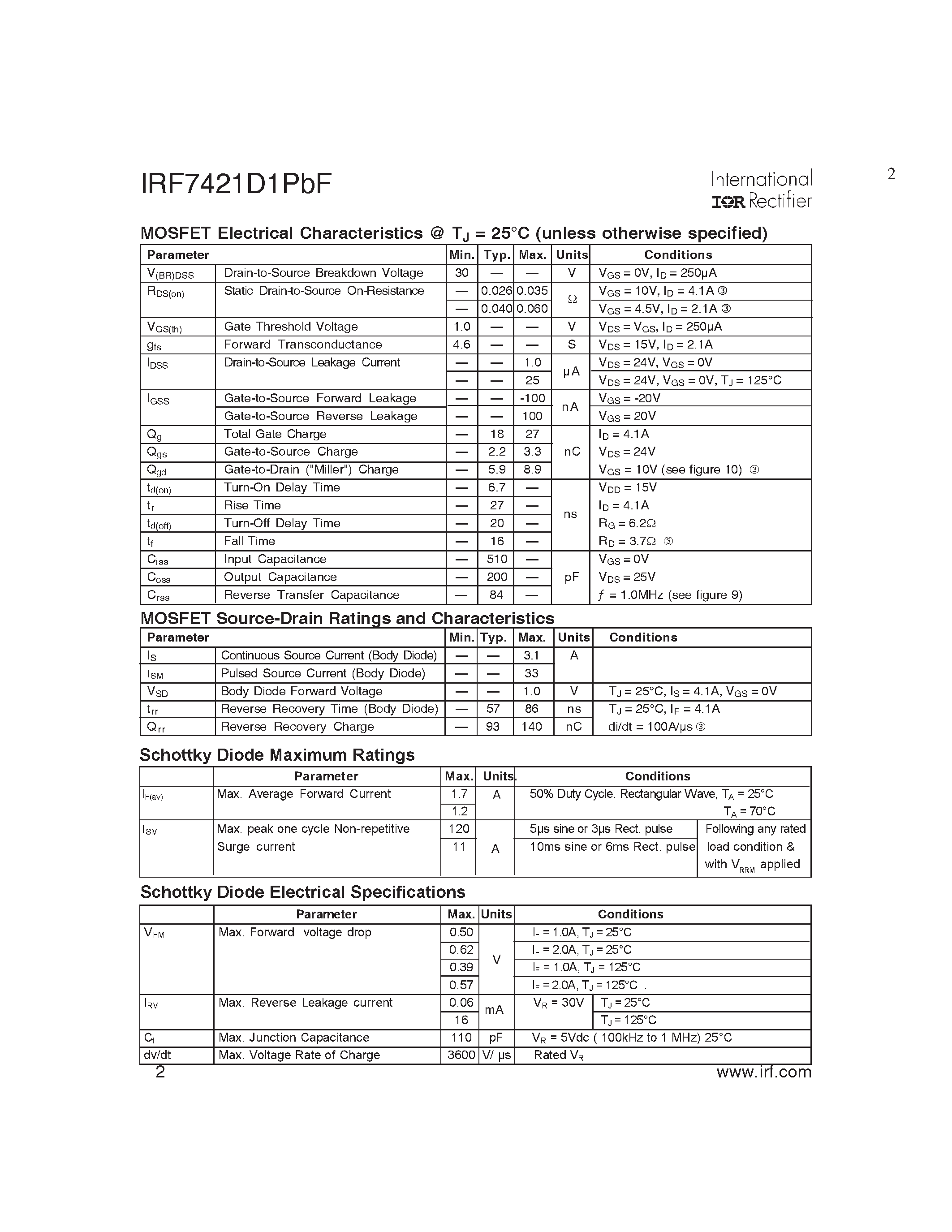 Datasheet IRF7421D1PBF - FETKY MOSFET / Schottky Diode page 2