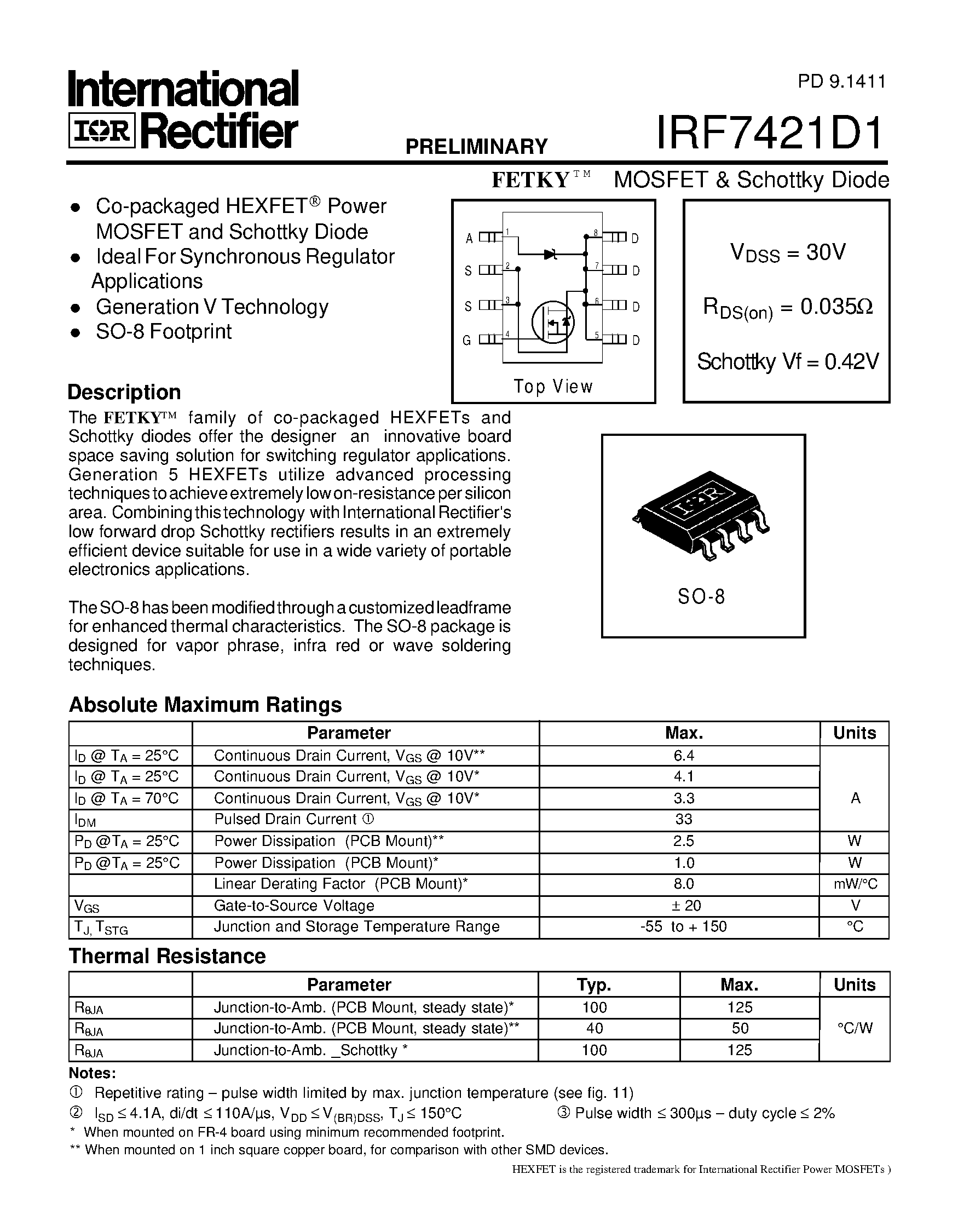 Datasheet IRF7421D1 - MOSFET & Schottky Diode page 1
