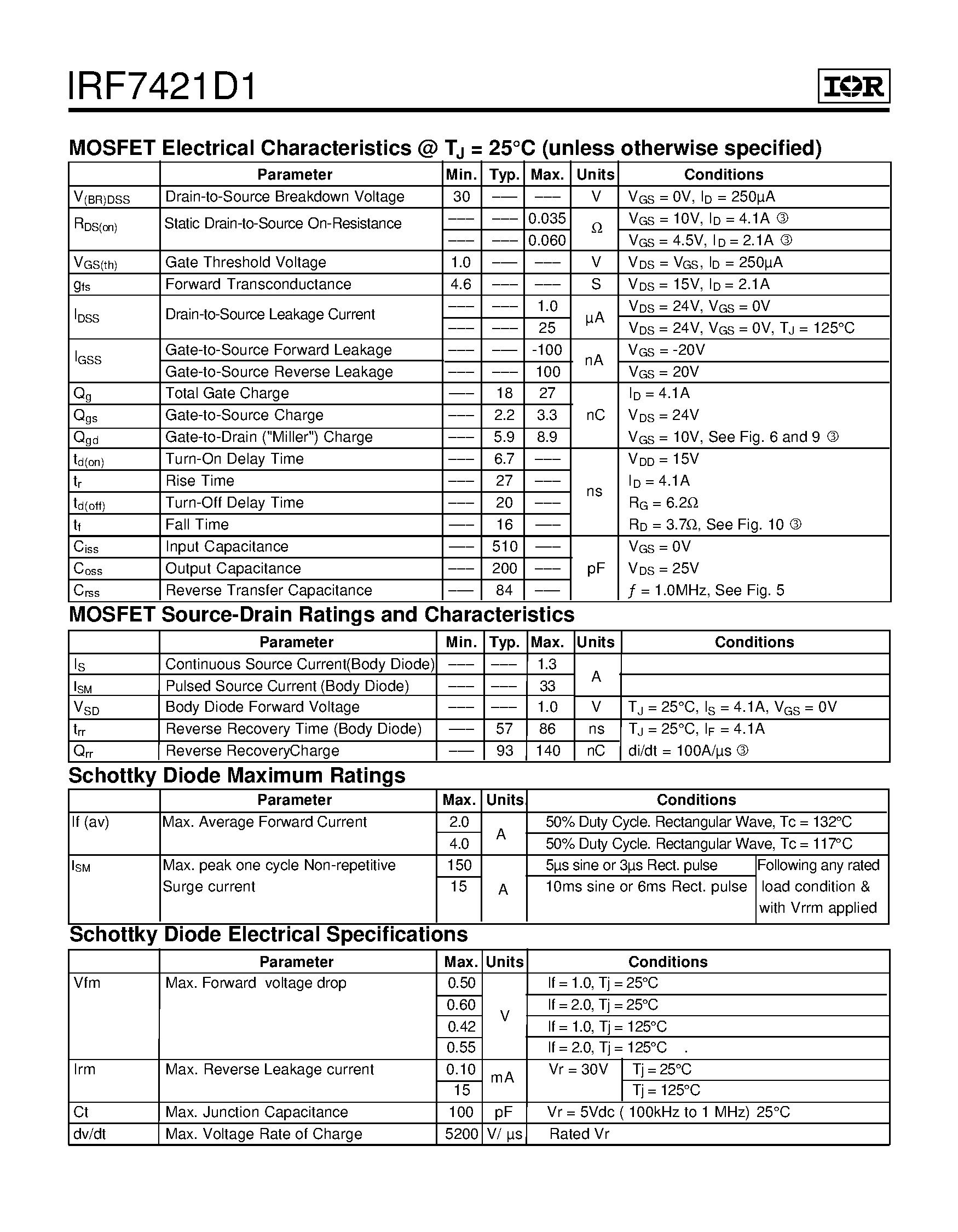 Datasheet IRF7421D1 - MOSFET & Schottky Diode page 2