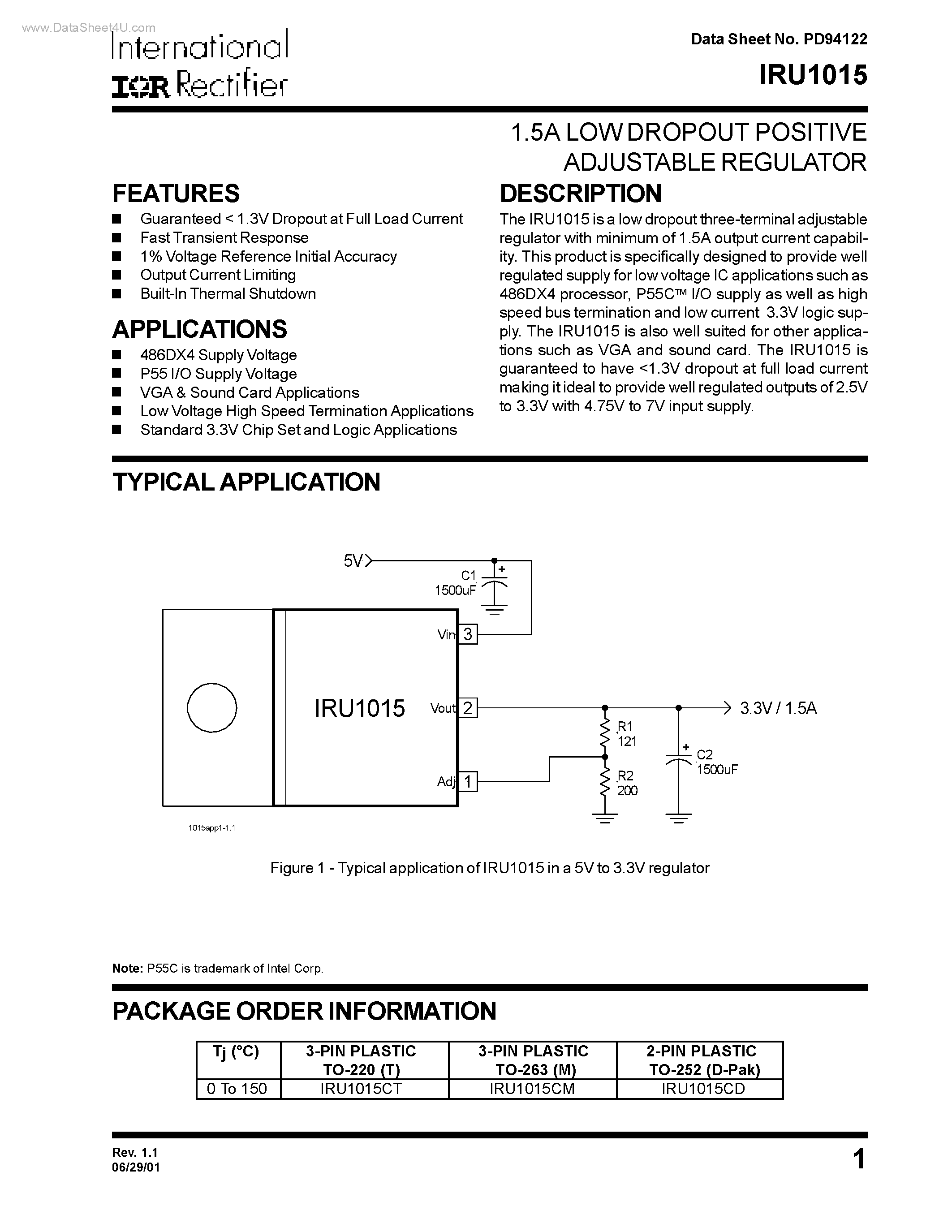 Даташит на микросхему IRU1015 страница 1 Даташит IRU1015 - 1.5A LOW DROPOUT POSITIVE ADJUSTABLE REGULATOR страница 1
