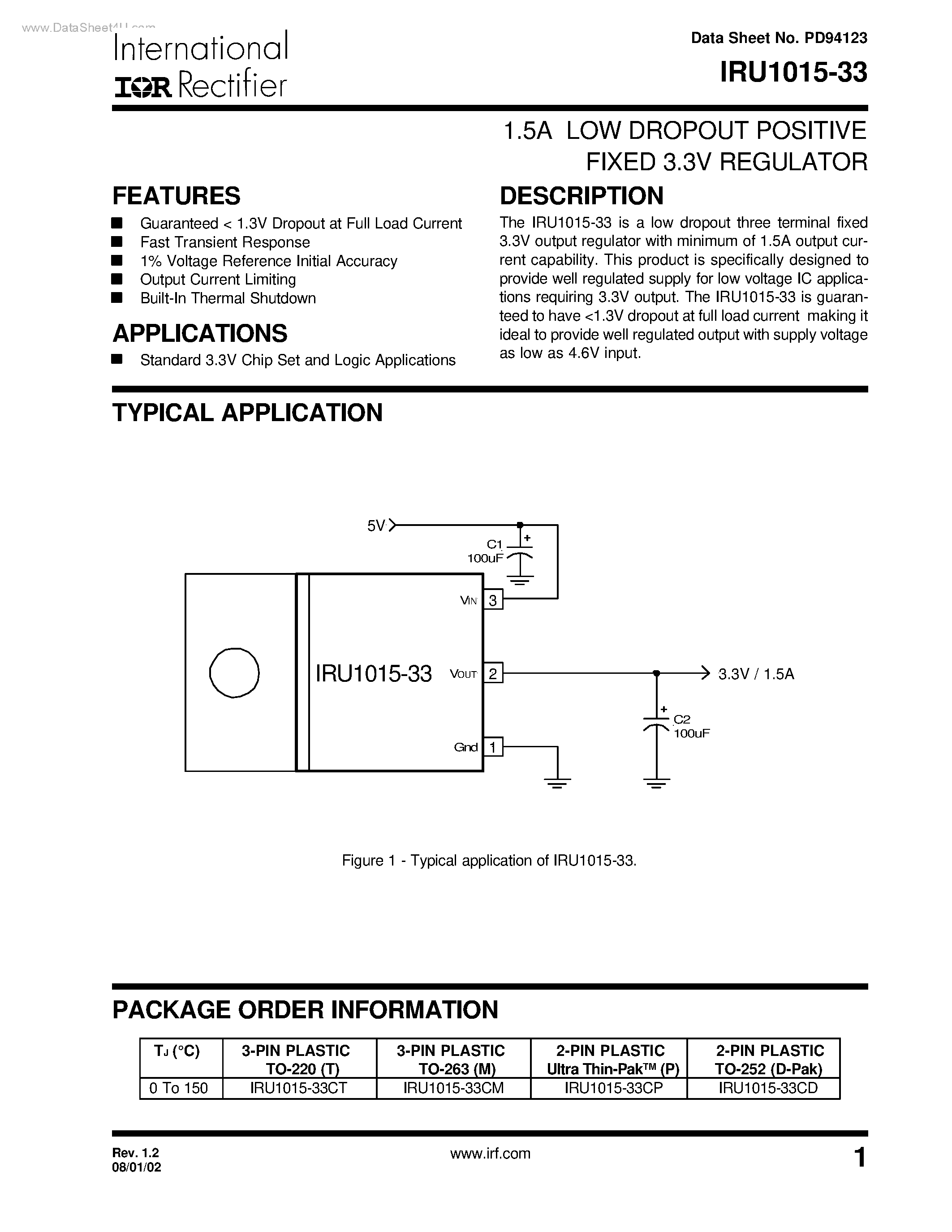 Даташит на микросхему IRU1015-33 страница 1 Даташит IRU1015-33 - 1.5A LOW DROPOUT POSITIVE ADJUSTABLE REGULATOR страница 1