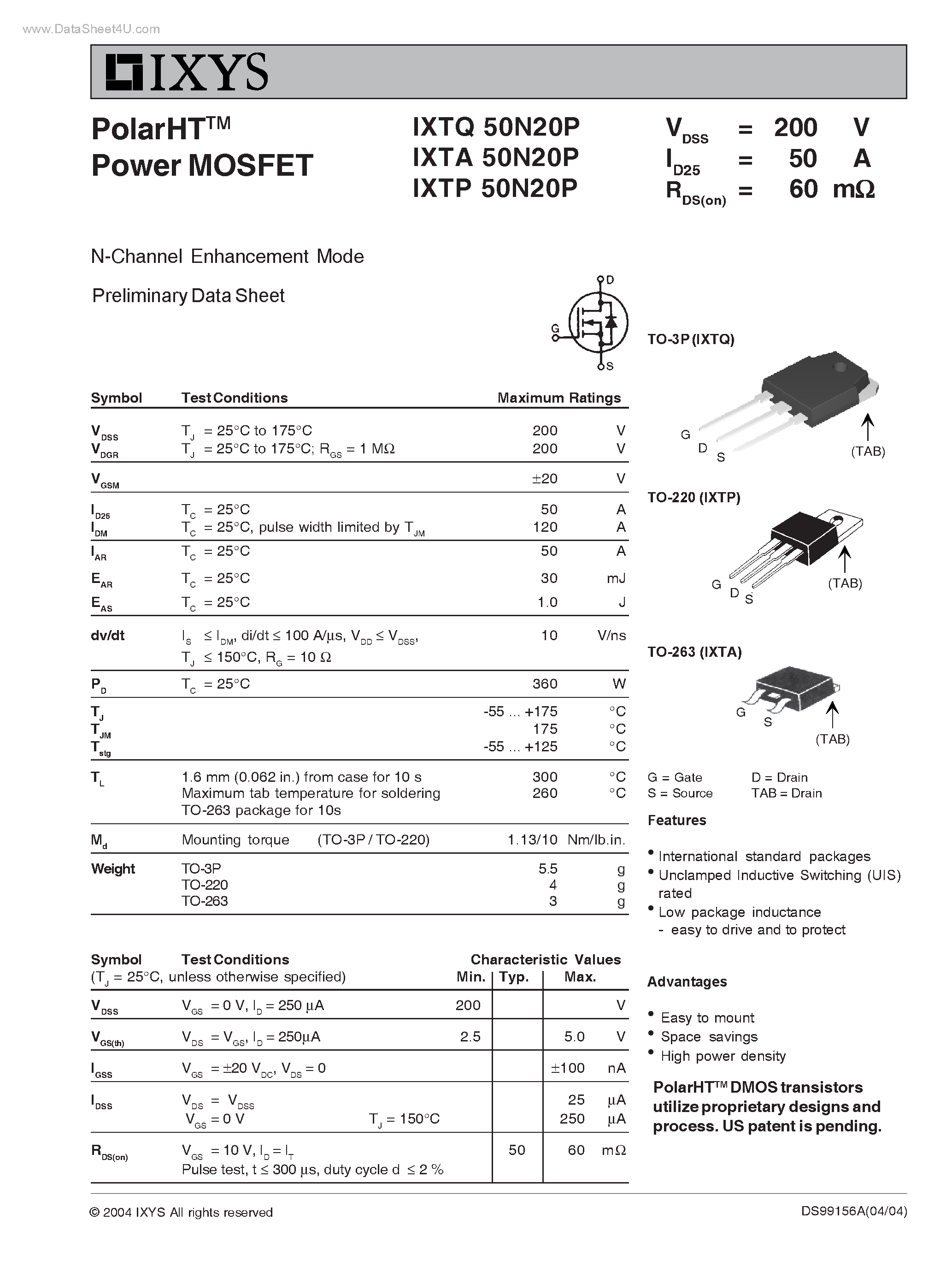 Datasheet IXTP50N20P - (IXTx50N20P) PolarHT Power MOSFET N-Channel Enhancement Mode page 1