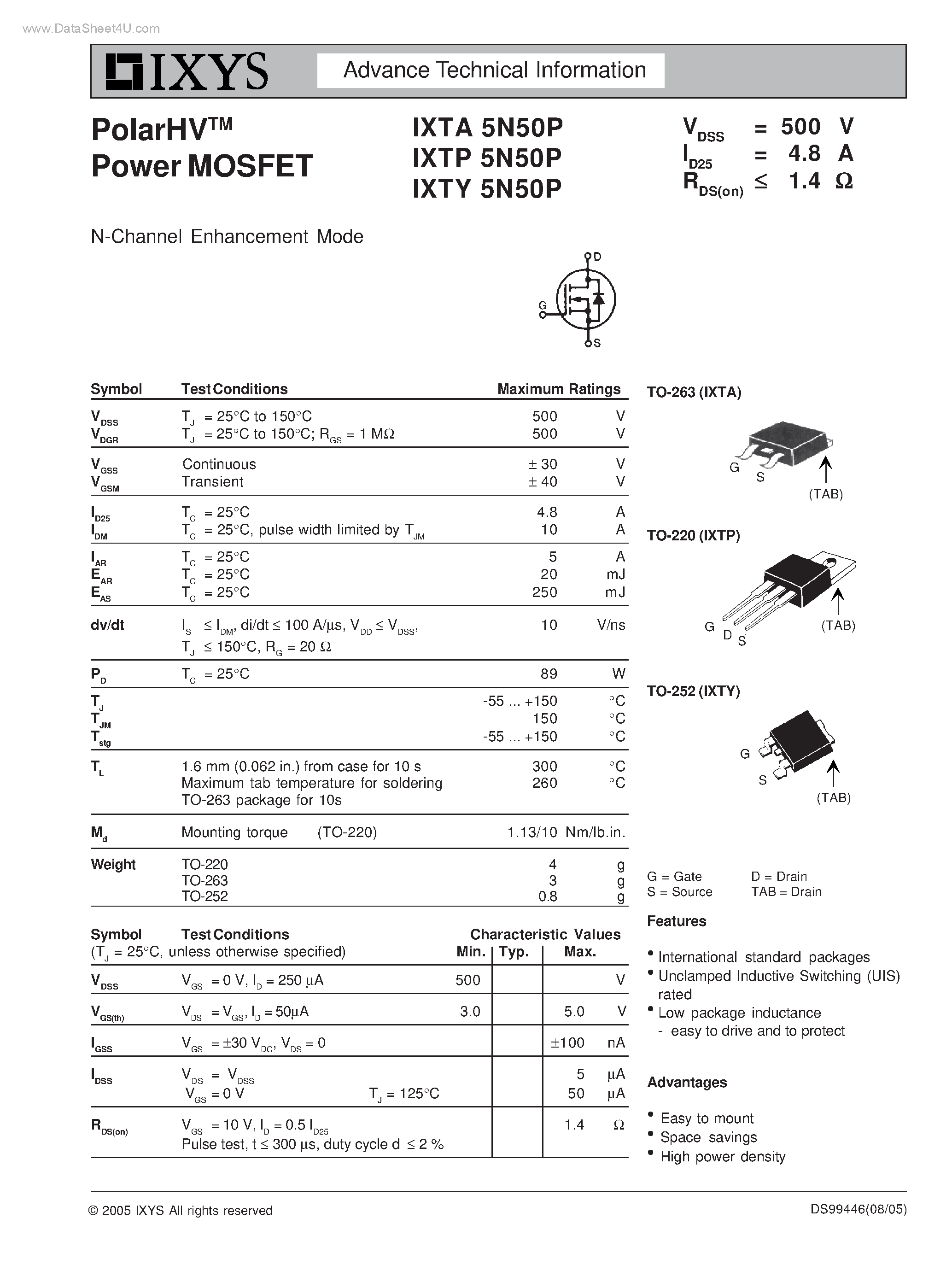 Datasheet IXTA5N50P - (IXTx5N50P) PolarHV Power MOSFET - N-Channel Enhancement Mode page 1