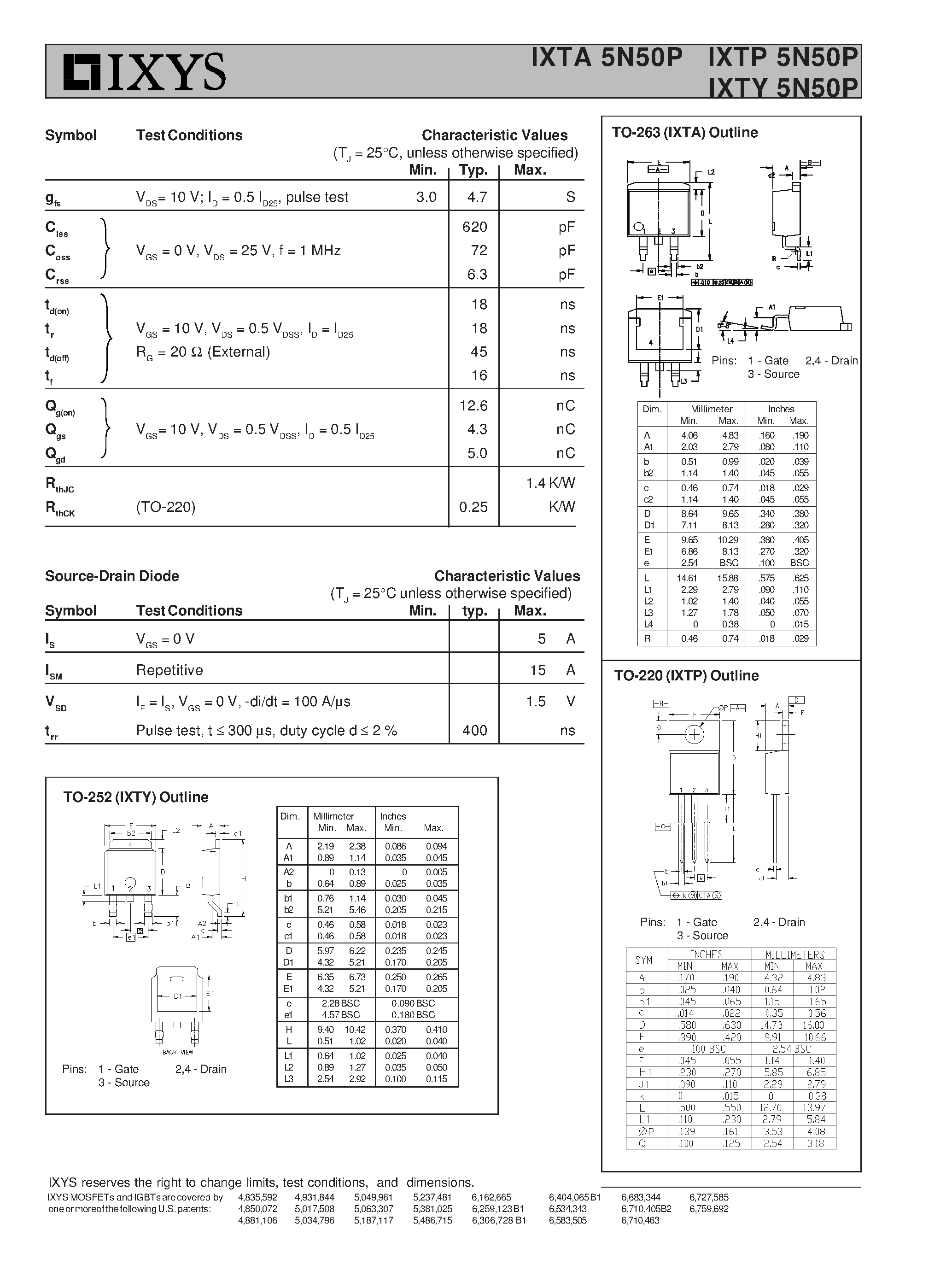 Datasheet IXTA5N50P - (IXTx5N50P) PolarHV Power MOSFET - N-Channel Enhancement Mode page 2