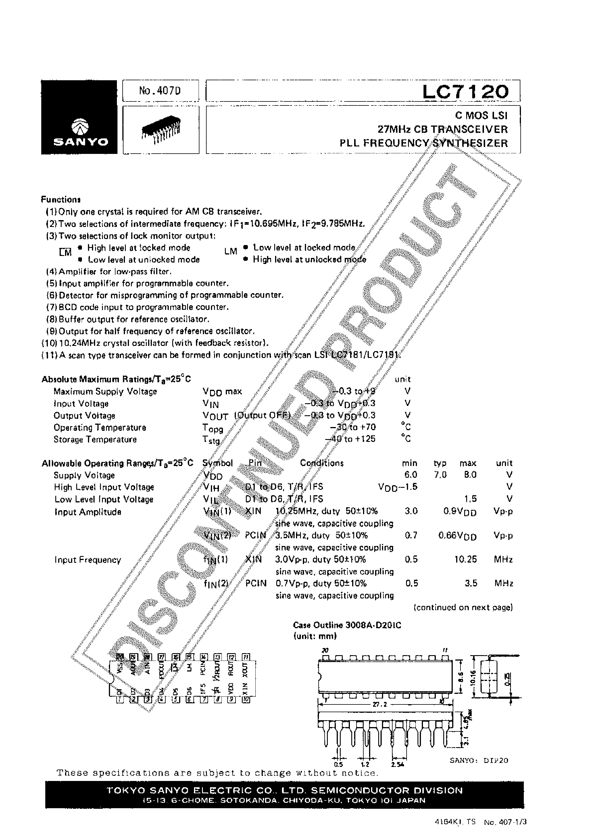Datasheet LC7120 page 1 Datasheet LC7120 - CMOS LSI 27MHz CB TRANSCEIVER PLL FREQUENCY SYNTHESIZER page 1