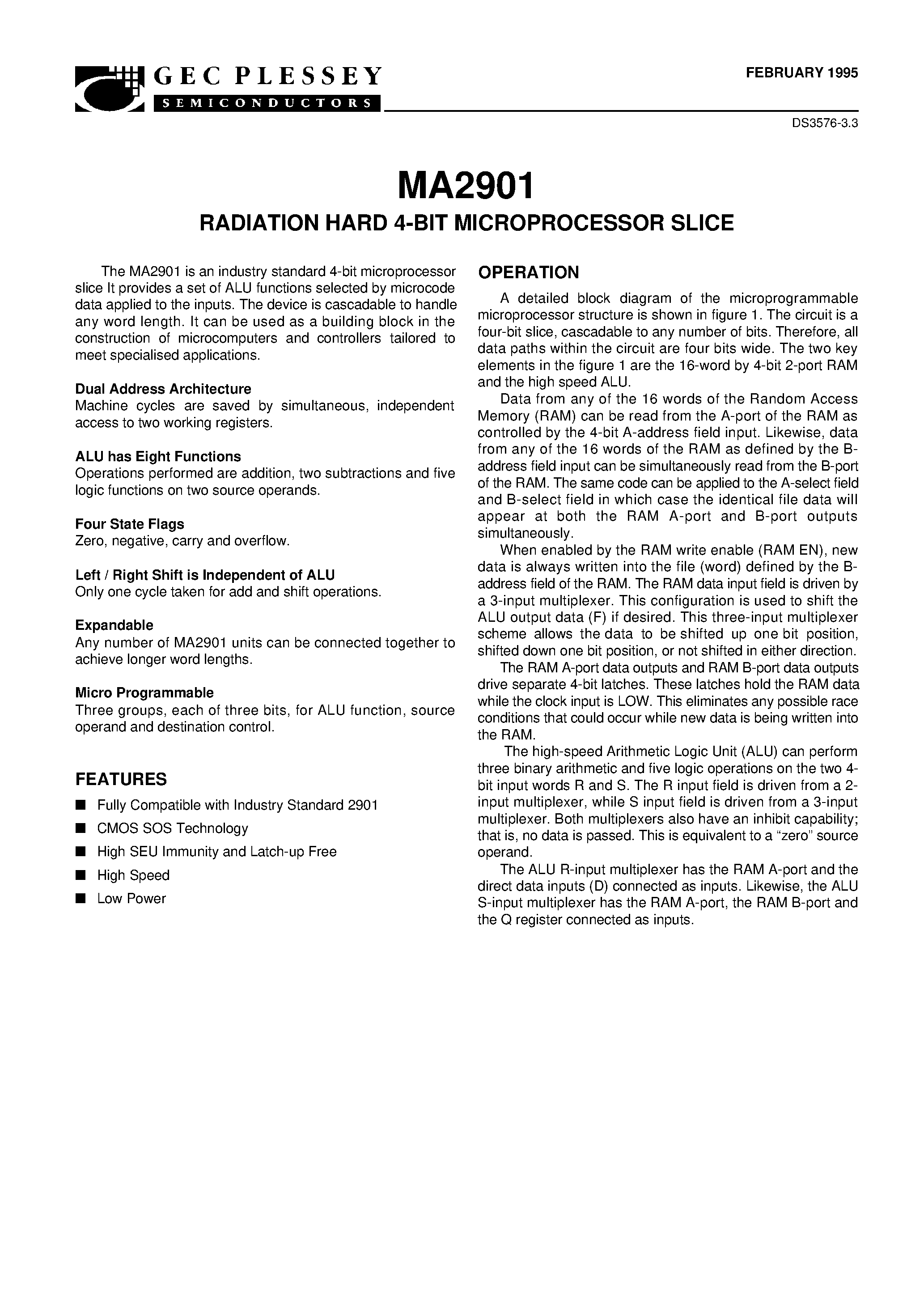 Datasheet MA2901 - RADIATION HARD 4-BIT MICROPROCESSOR SLICE page 2