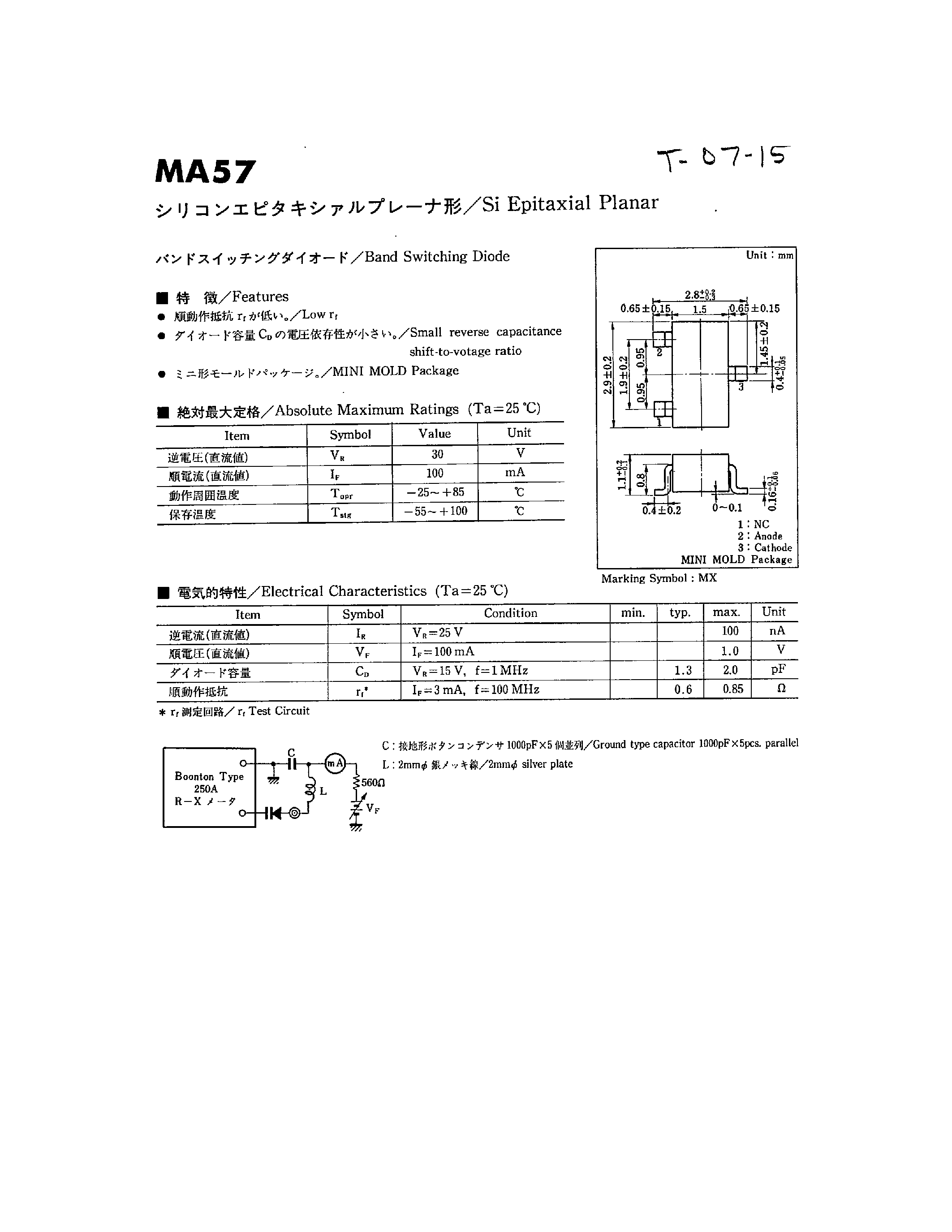 Datasheet MA57 page 1 Datasheet MA57 - Si Epitaxial Planar Band Switching Diode page 1
