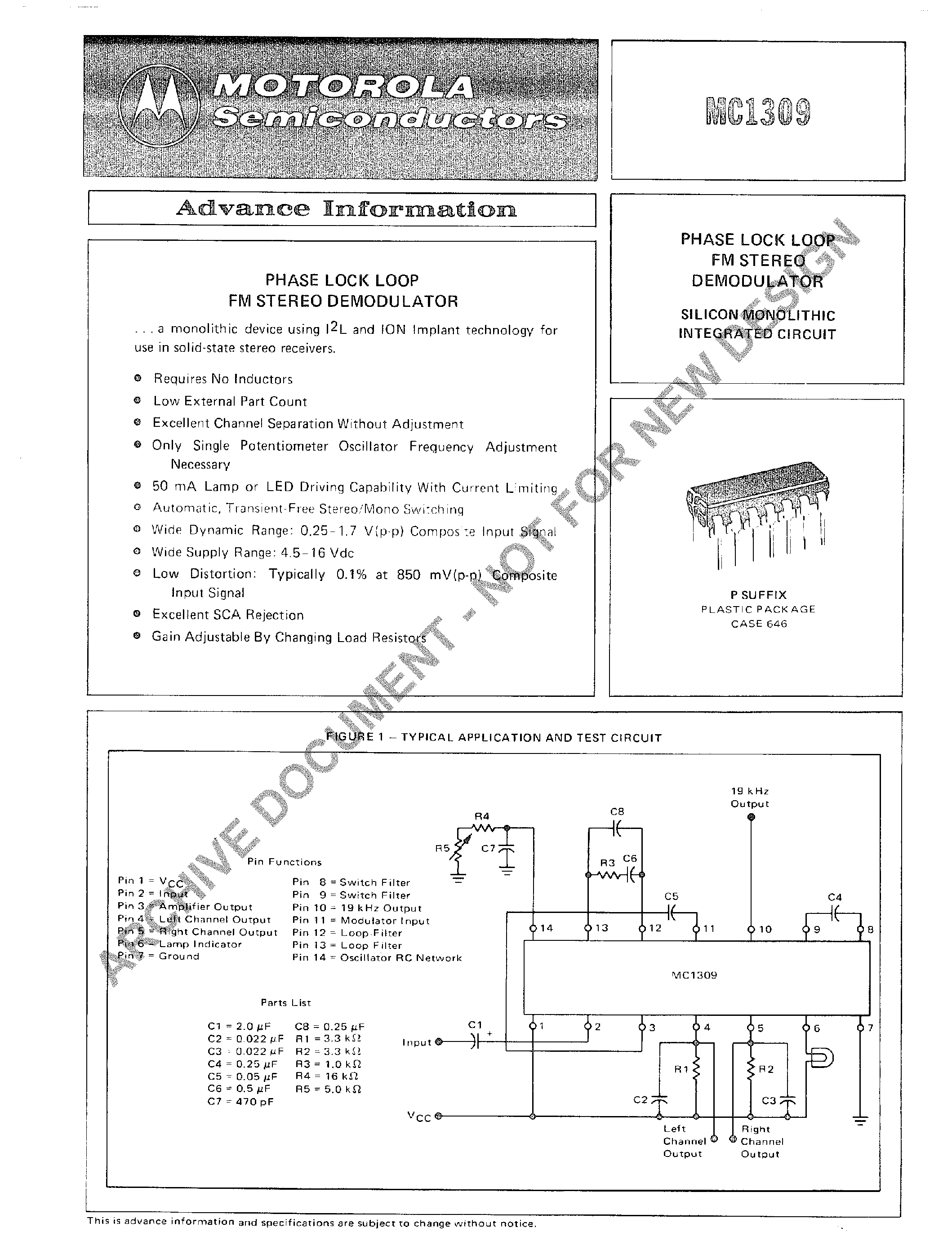 Datasheet MC1309 page 1 Datasheet MC1309 - PHASE LOCK LOOP FM STEREO DEMODULATOR page 1