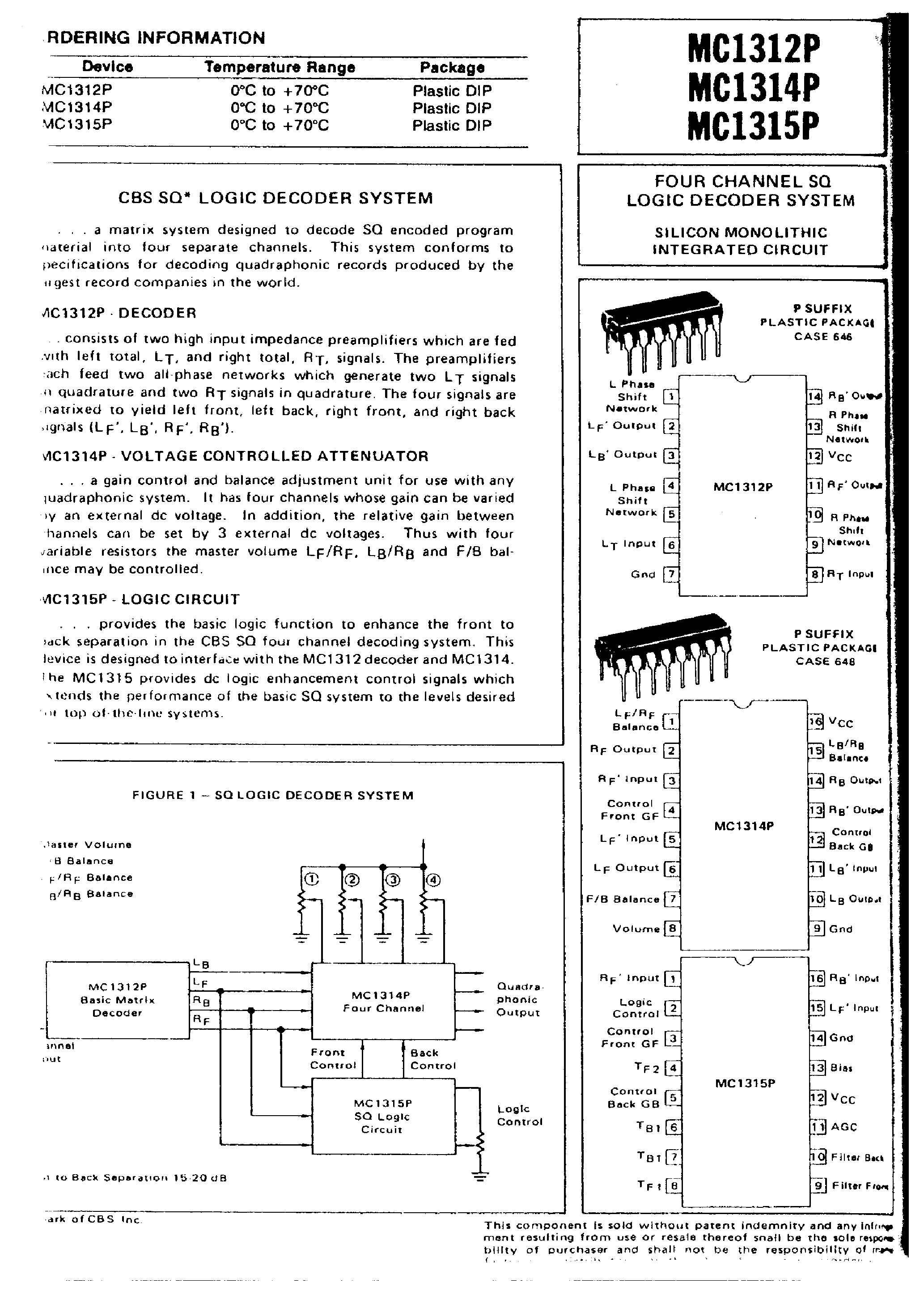 Datasheet MC1312P - (MC1312P = MC1315P) CBS SQ LOGIC DECODER SYSTEM page 1