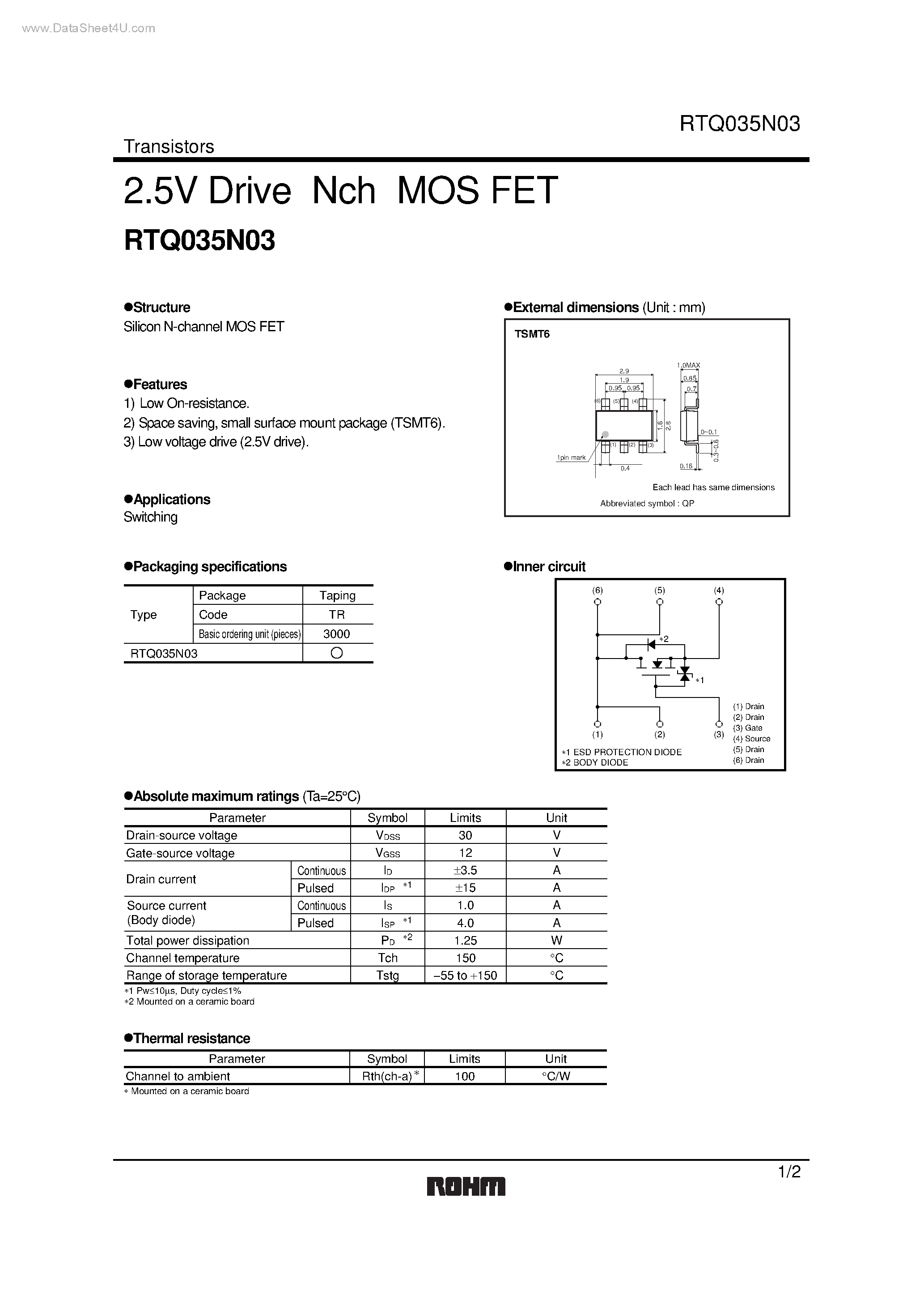 Datasheet RTQ035N03 - 2.5V Drive Nch MOS FET page 1