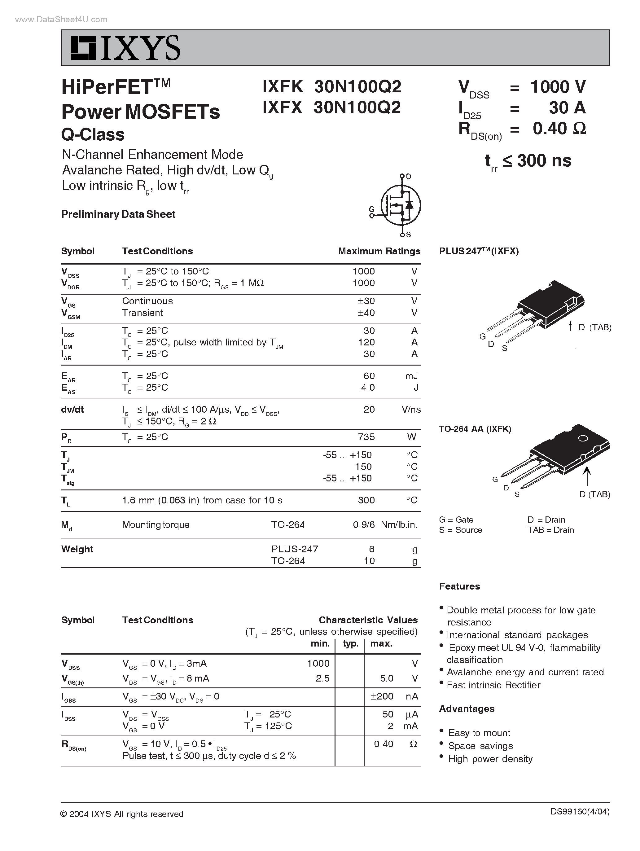 Datasheet IXFK30N100Q2 page 1 Datasheet IXFK30N100Q2 - (IXFK30N100Q2 / IXFX30N100Q2) HiPerFET Power MOSFETs Q-Class page 1