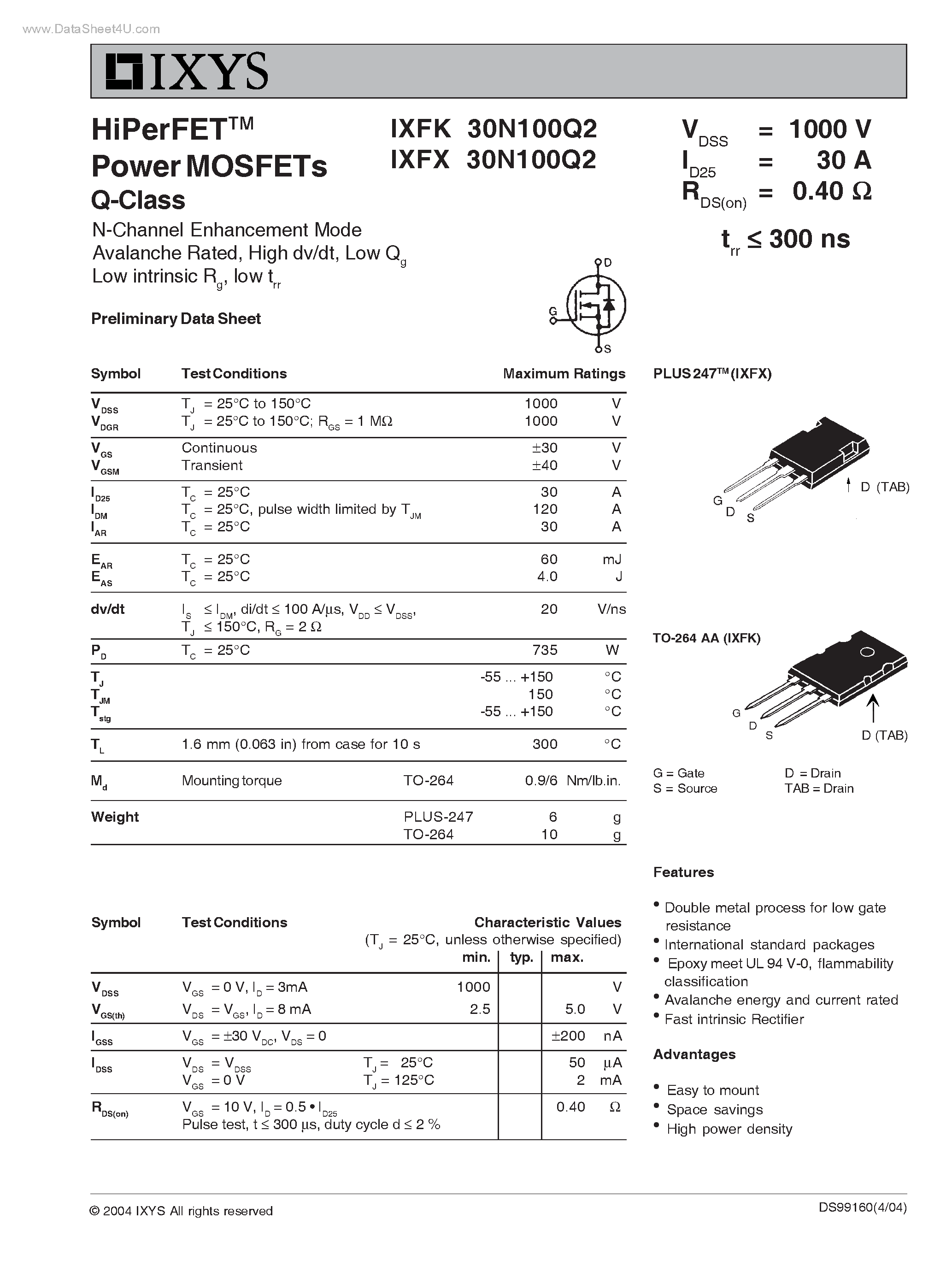 Даташит IXFK30N100Q2 - (IXFK30N100Q2 / IXFX30N100Q2) HiPerFET Power MOSFETs Q-Class страница 1