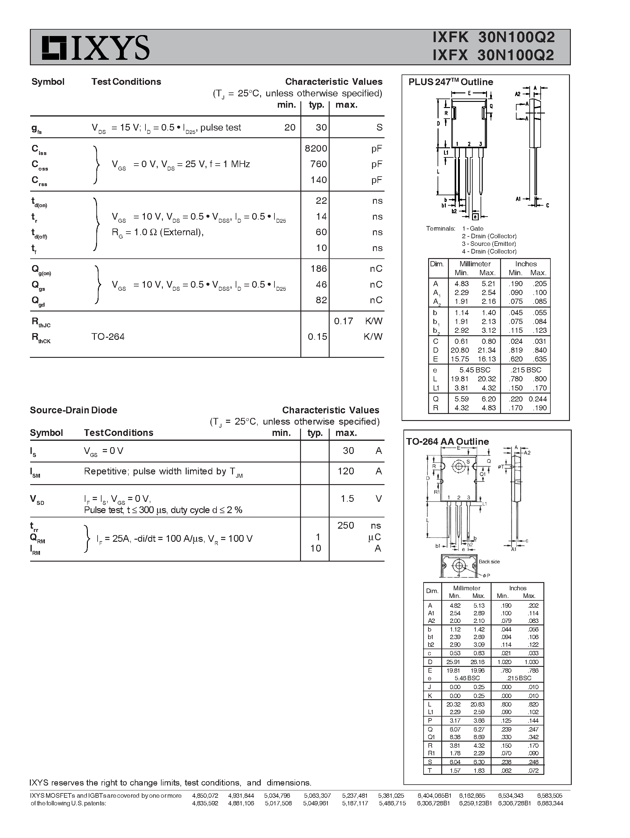 Даташит IXFK30N100Q2 - (IXFK30N100Q2 / IXFX30N100Q2) HiPerFET Power MOSFETs Q-Class страница 2