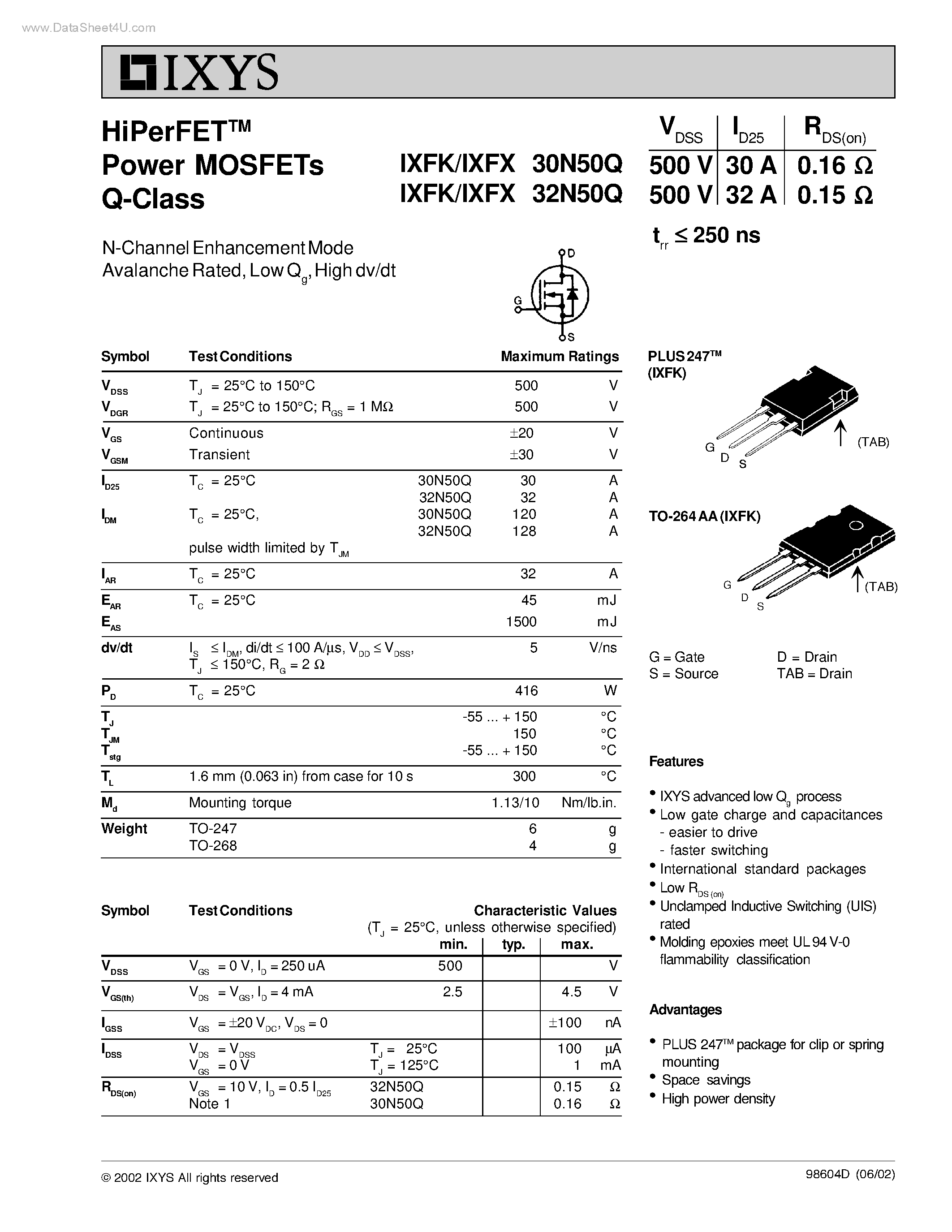 Datasheet IXFK30N50Q - (IXFx3xN50Q) HiPerFET Power MOSFETs Q-Class page 1
