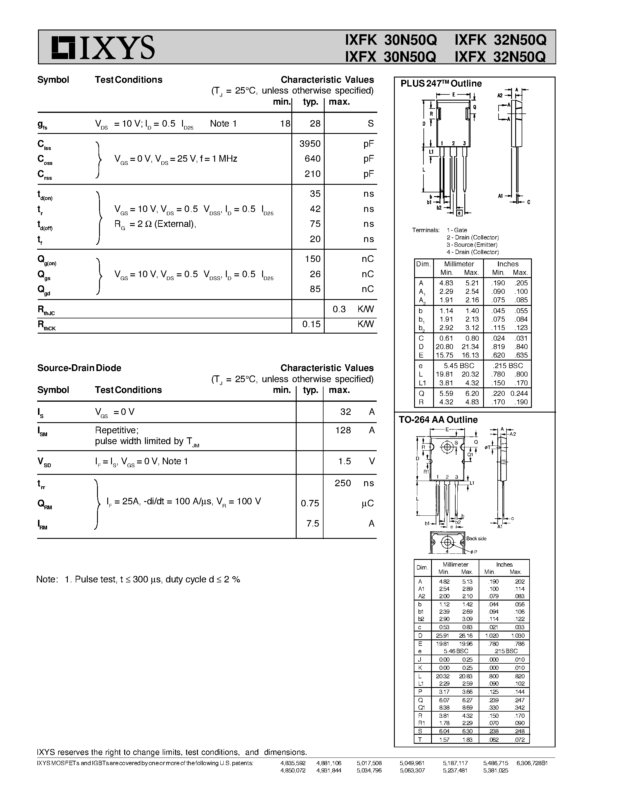 Даташит IXFK30N50Q - (IXFx3xN50Q) HiPerFET Power MOSFETs Q-Class страница 2