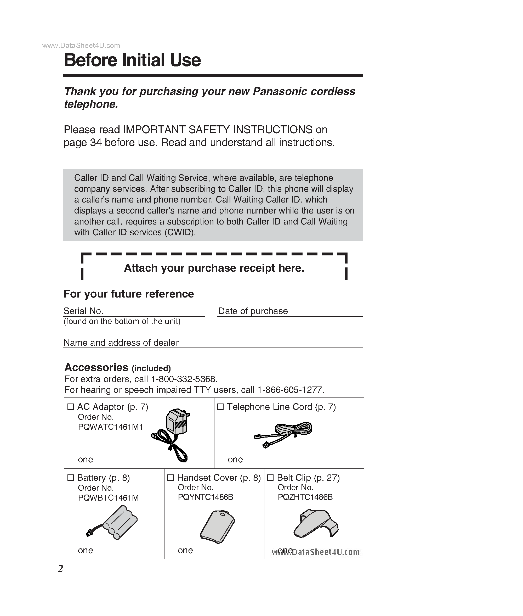 Даташит на микросхему KX-TC1486 страница 2 Даташит KX-TC1486 - Cordless Phone Operating Instructions страница 2