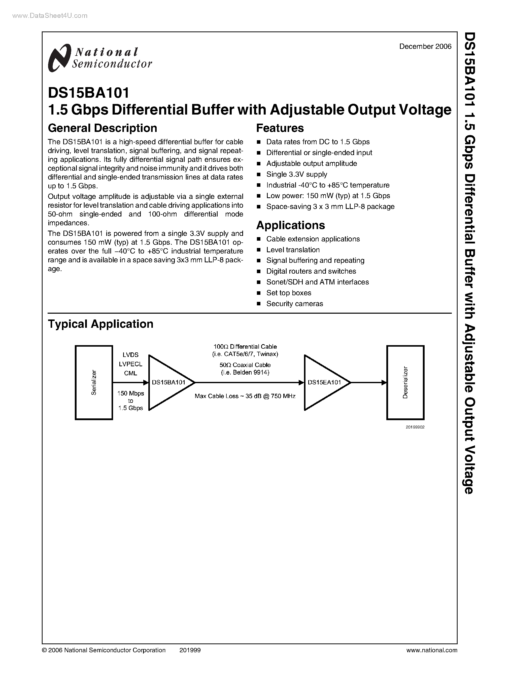 Datasheet DS15BA101 page 1 Datasheet DS15BA101 - 1.5 Gbps Differential Buffer page 1