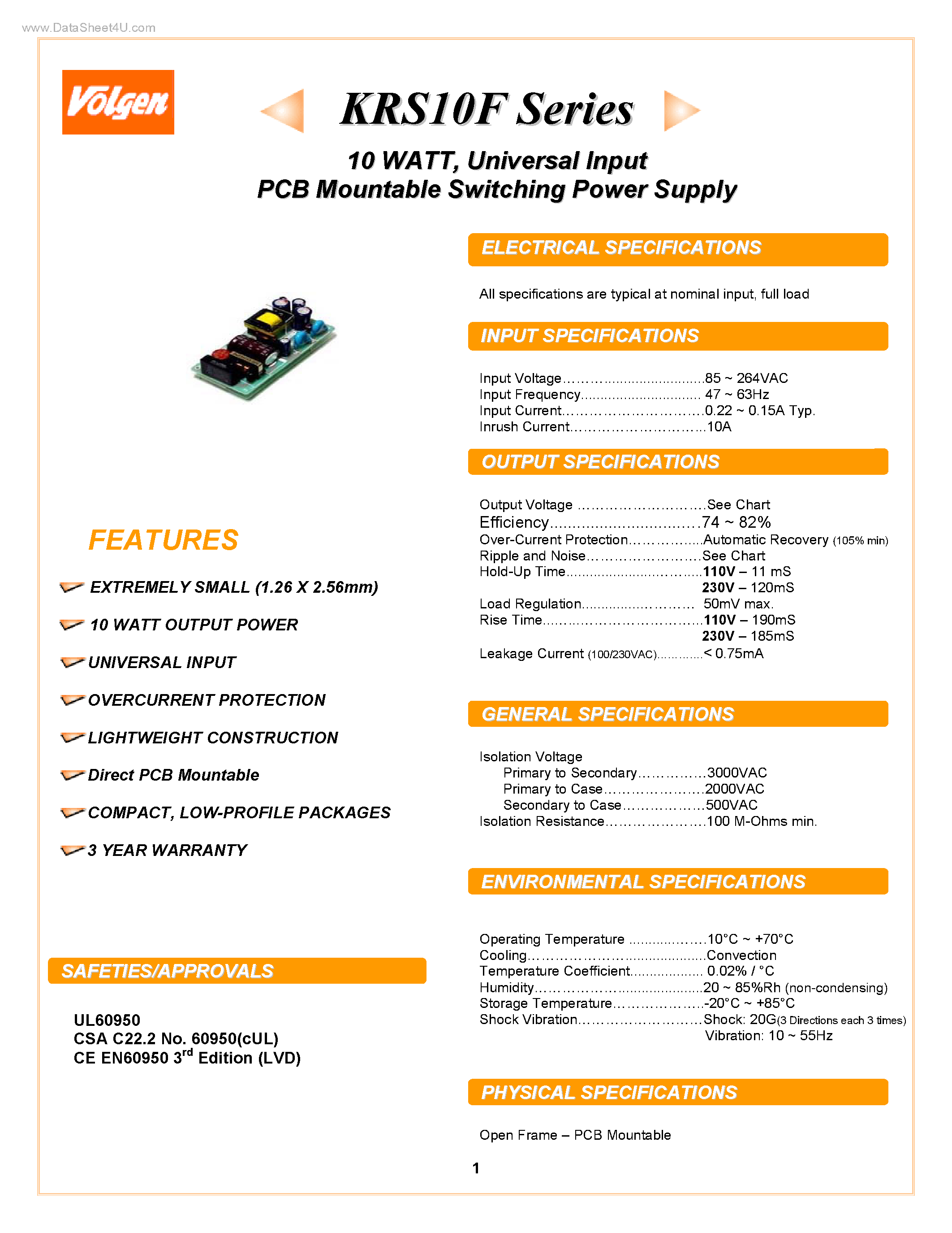 Datasheet KRS10F page 1 Datasheet KRS10F - Universal Input PCB Mountable Switching Power Supply page 1