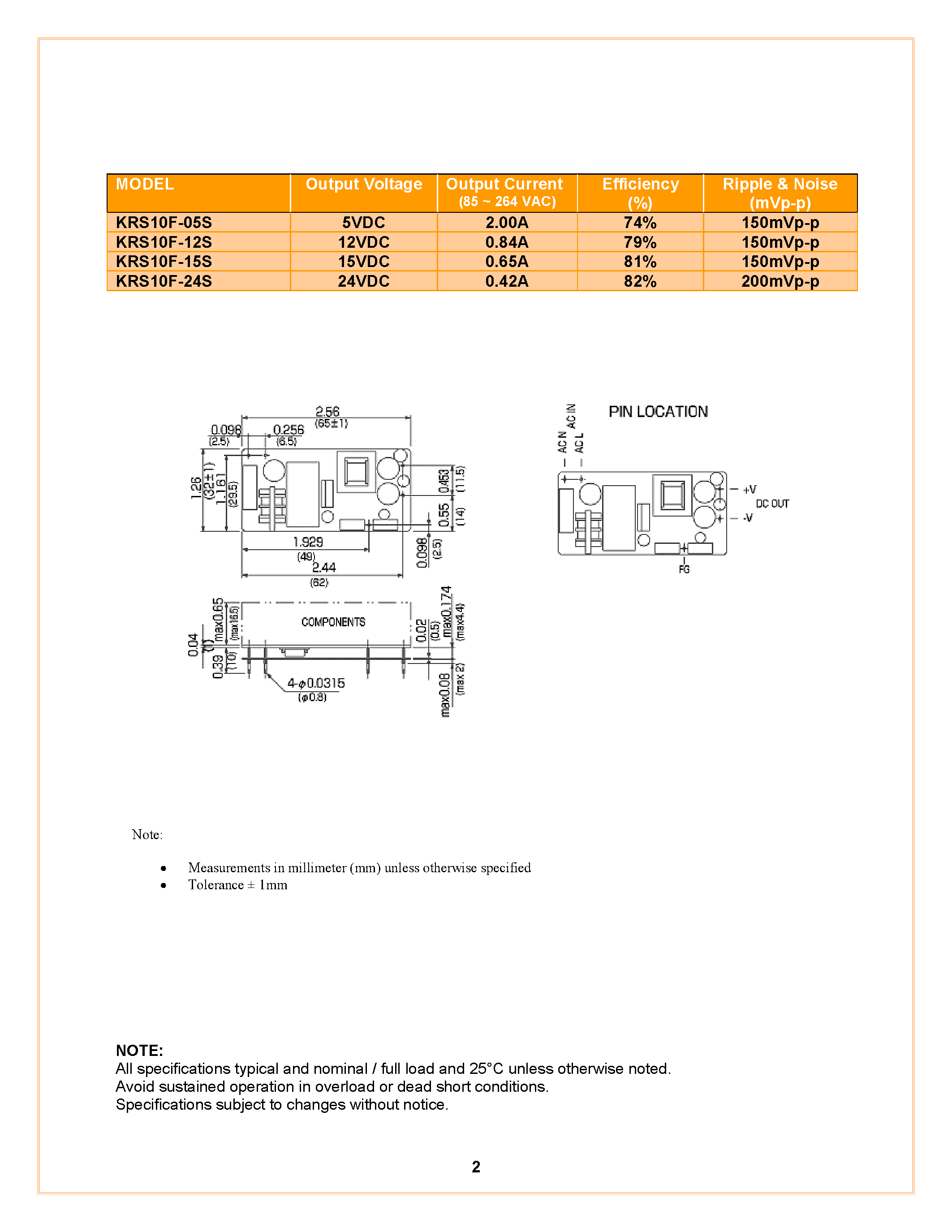 Datasheet KRS10F page 2 Datasheet KRS10F - Universal Input PCB Mountable Switching Power Supply page 2