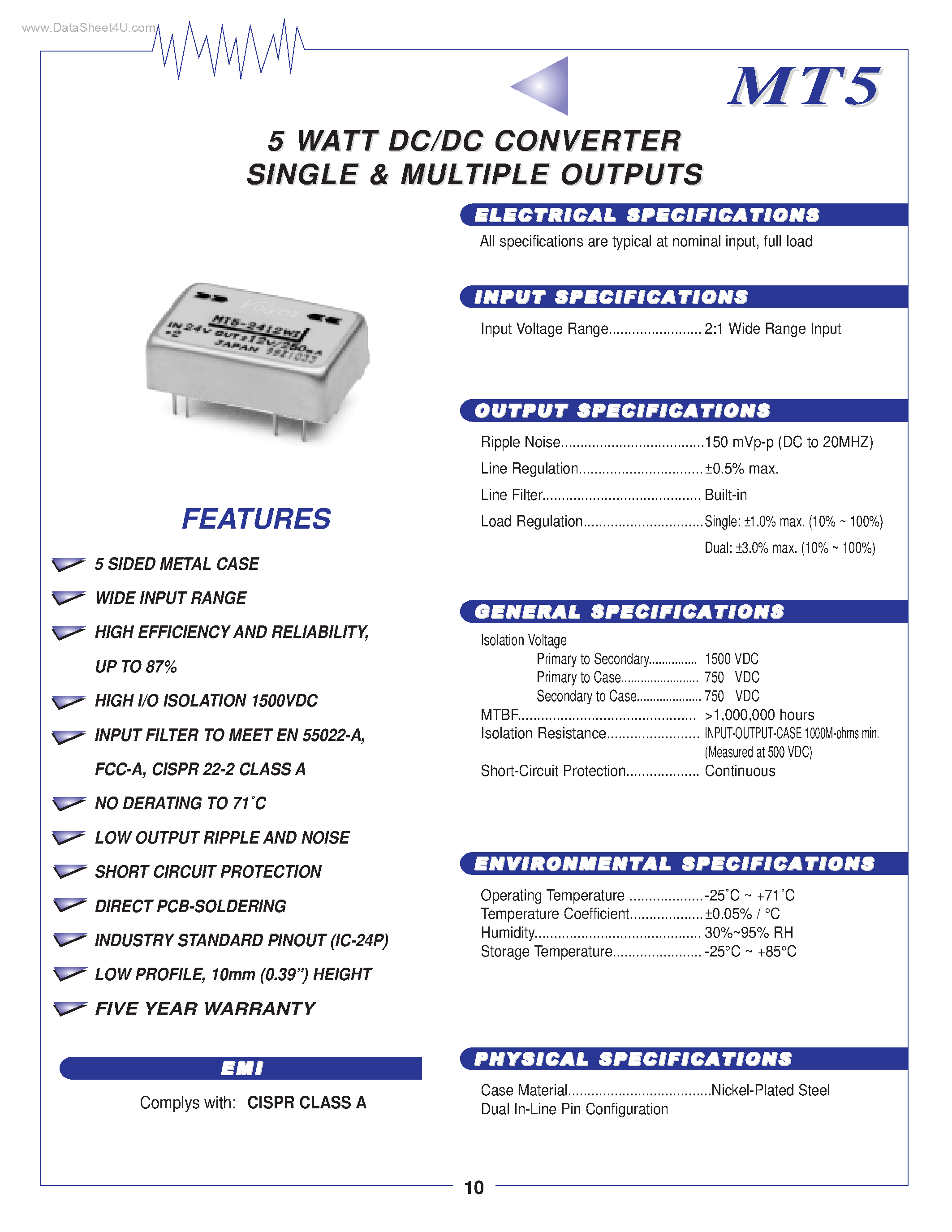 Datasheet MT5 - 5 WATT DC/DC CONVERTER page 1