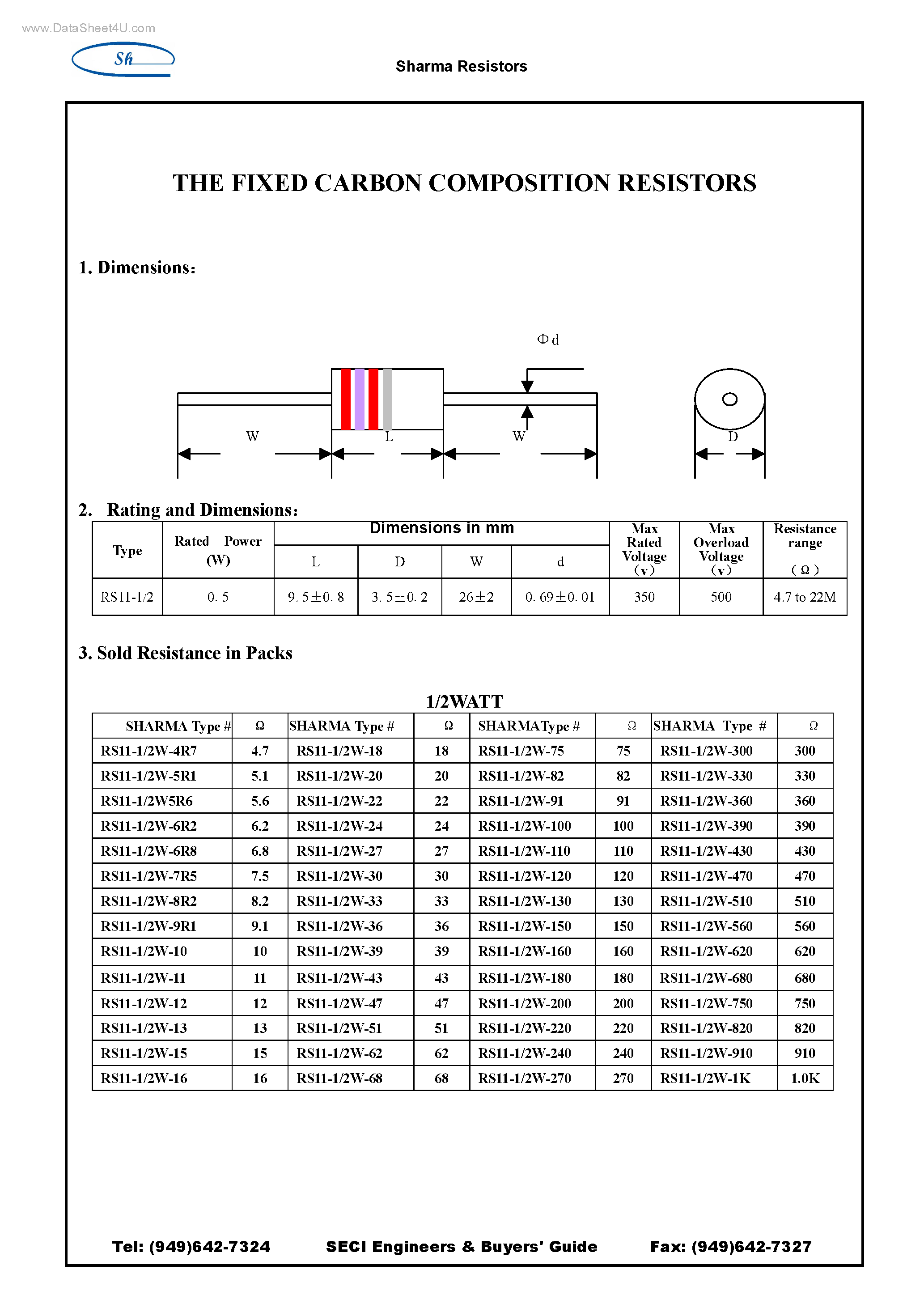 Даташит RS11-1/2W - THE FIXED CARBON COMPOSITION RESISTORS страница 1