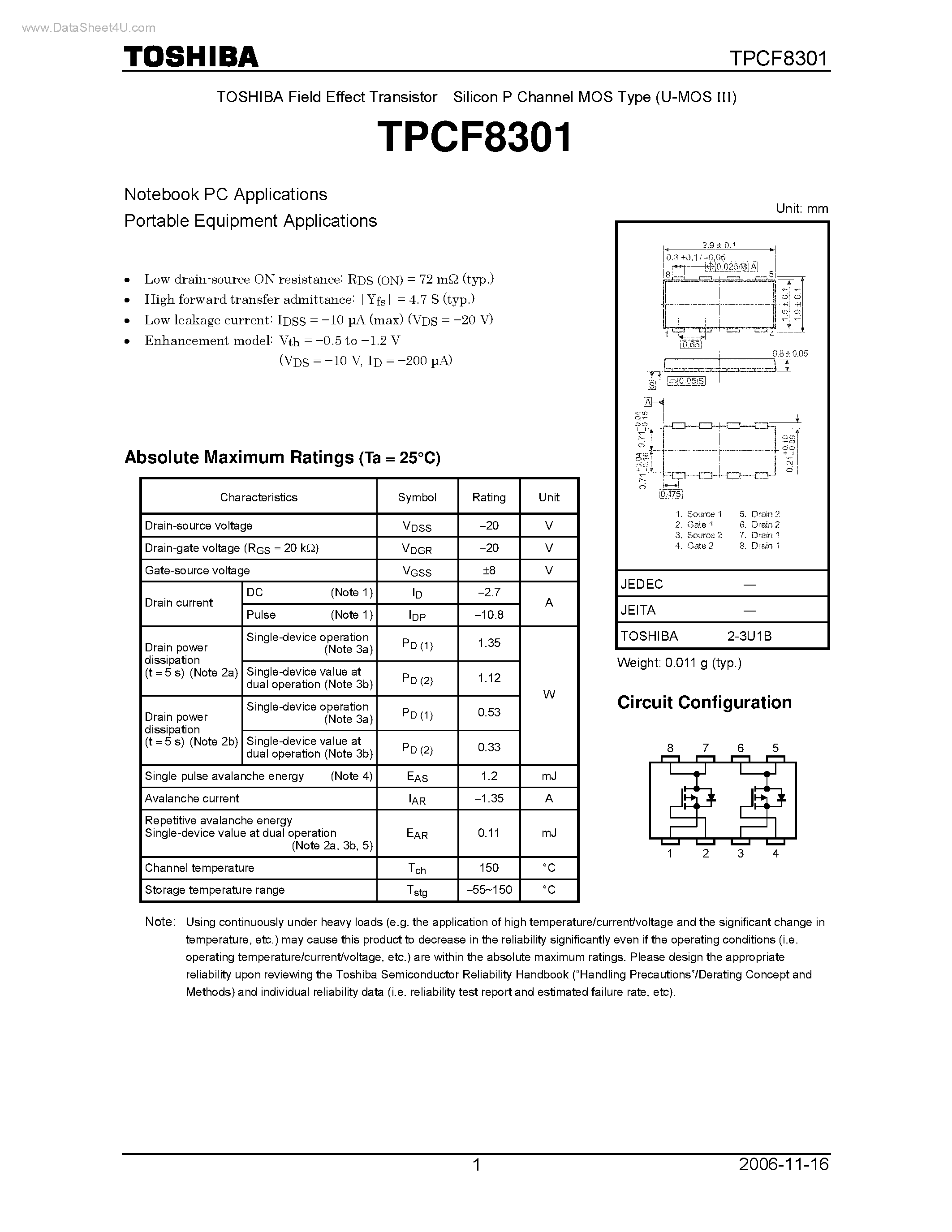 Datasheet TPCF8301 page 1 Datasheet TPCF8301 - FIELD EFFECT TRANSISTOR SILICON P CHANNEL MOS TYPE page 1