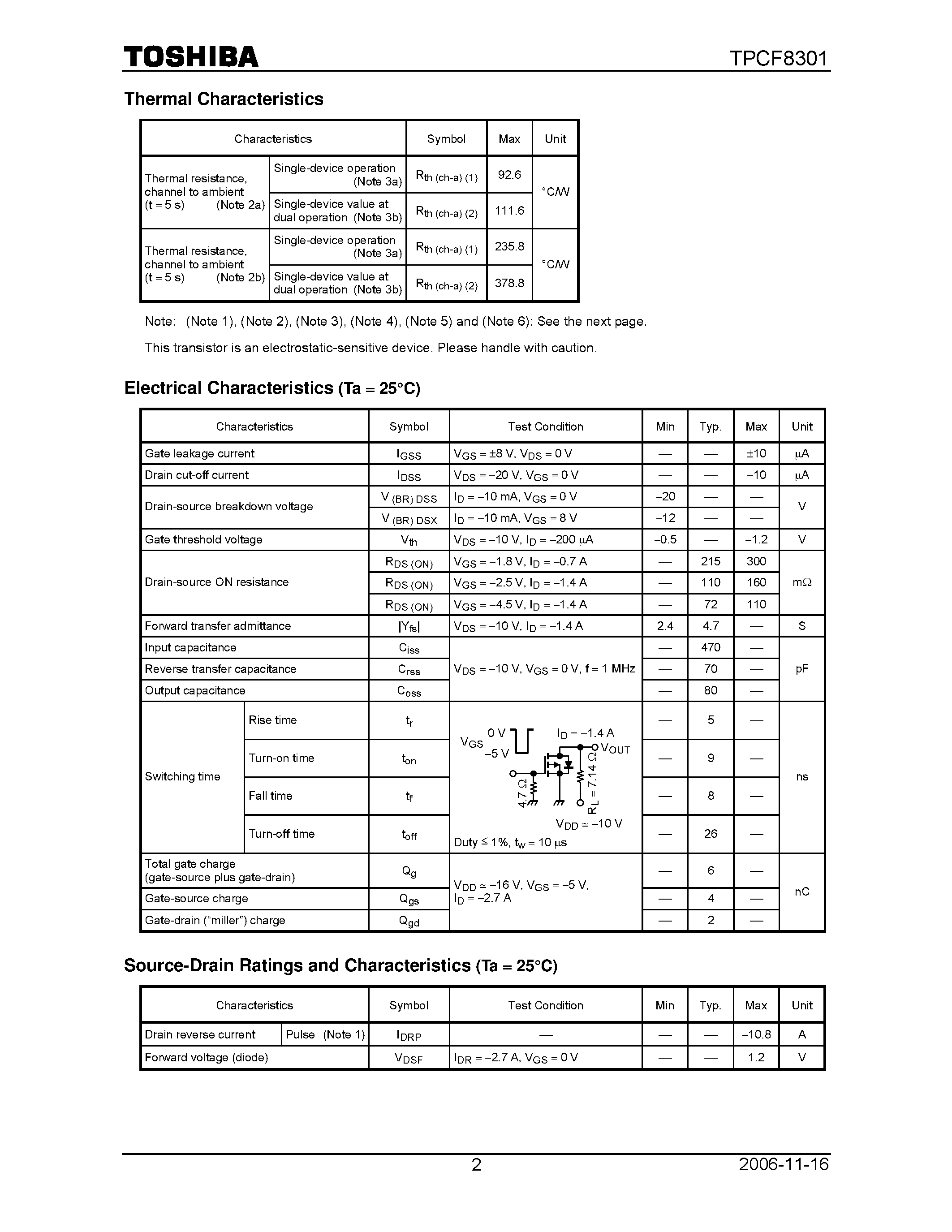 Datasheet TPCF8301 page 2 Datasheet TPCF8301 - FIELD EFFECT TRANSISTOR SILICON P CHANNEL MOS TYPE page 2
