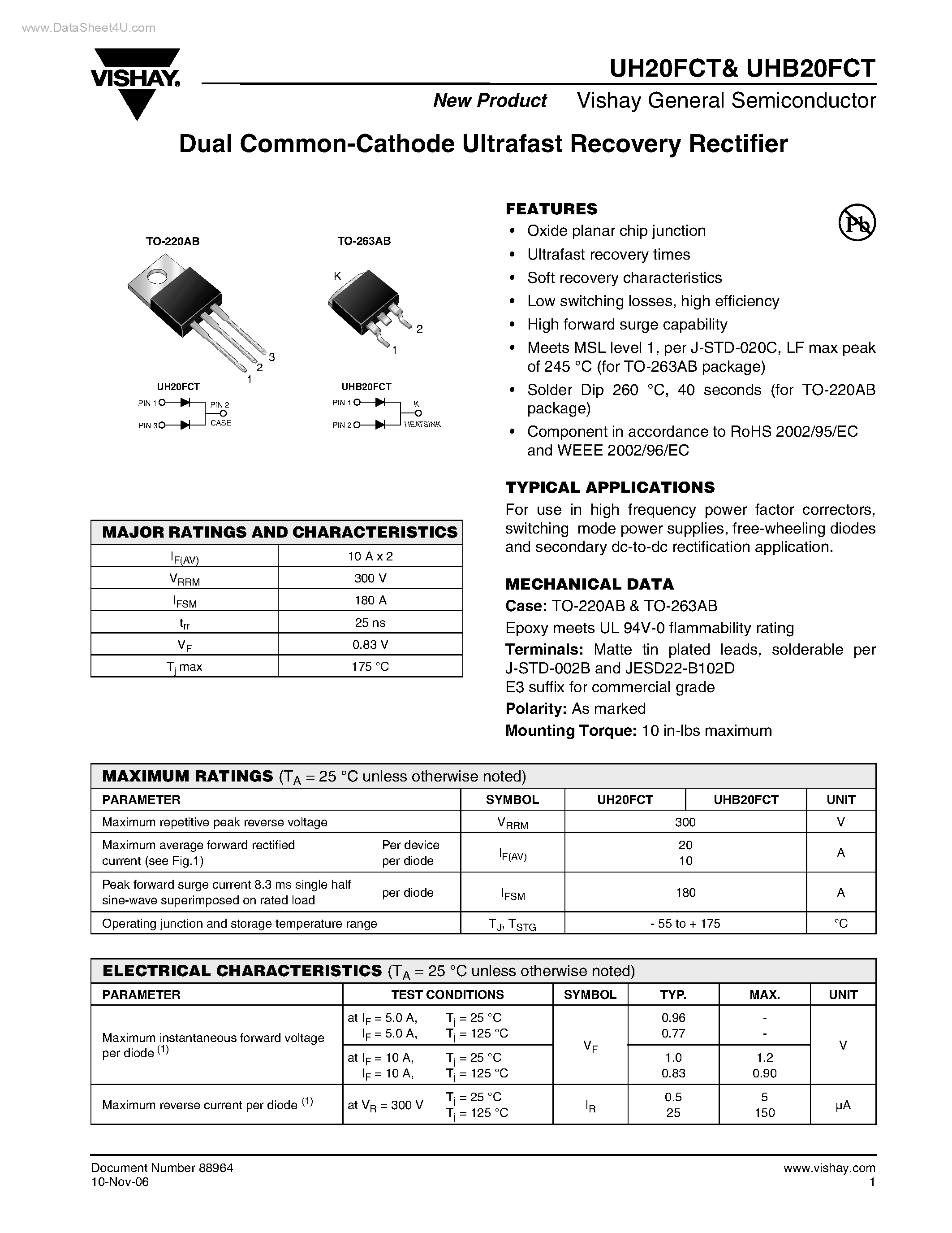 Datasheet UHB20FCT page 1 Datasheet UHB20FCT - Dual Common-Cathode Ultrafast Recovery Rectifier page 1
