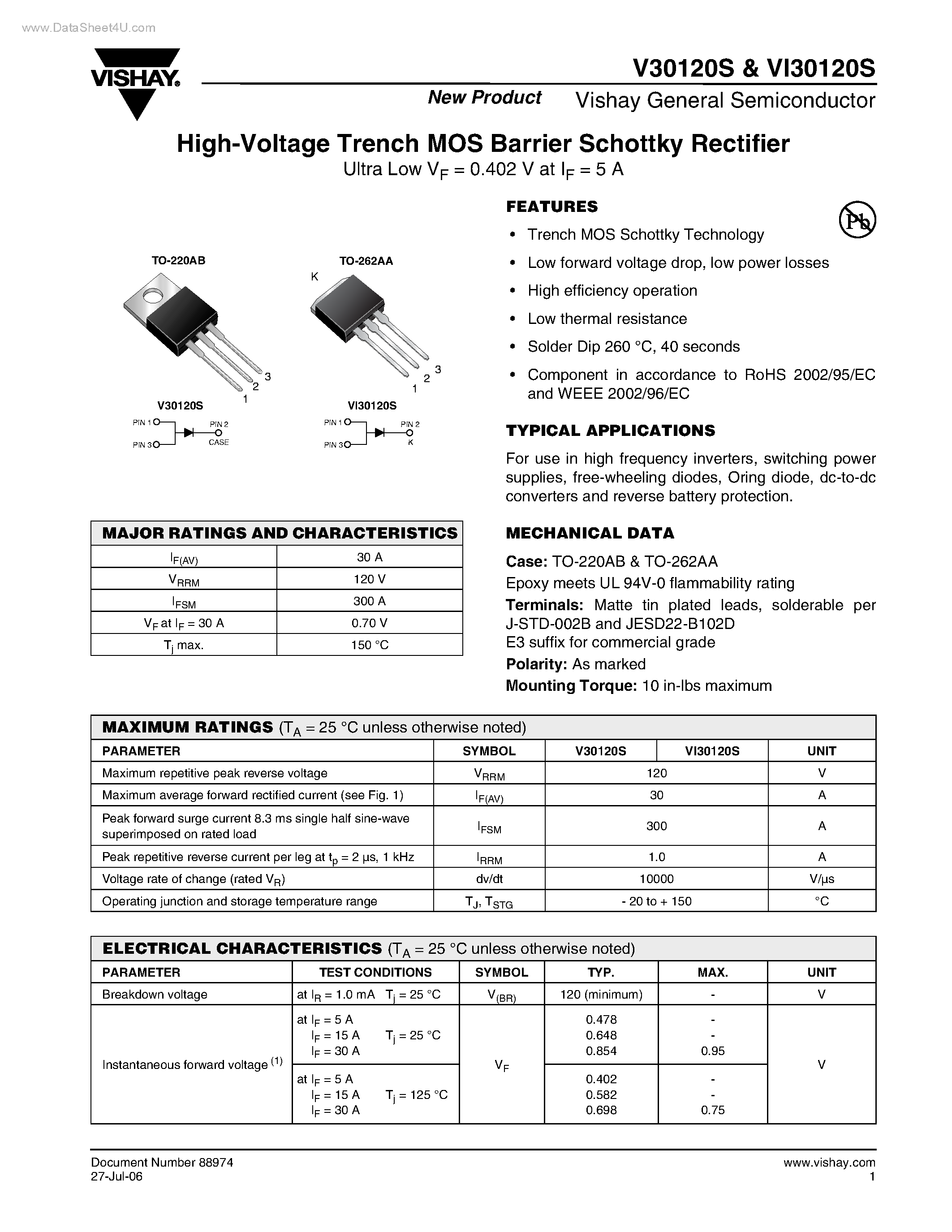 Datasheet VI30120S page 1 Datasheet VI30120S - High-Voltage Trench MOS Barrier Schottky Rectifier page 1