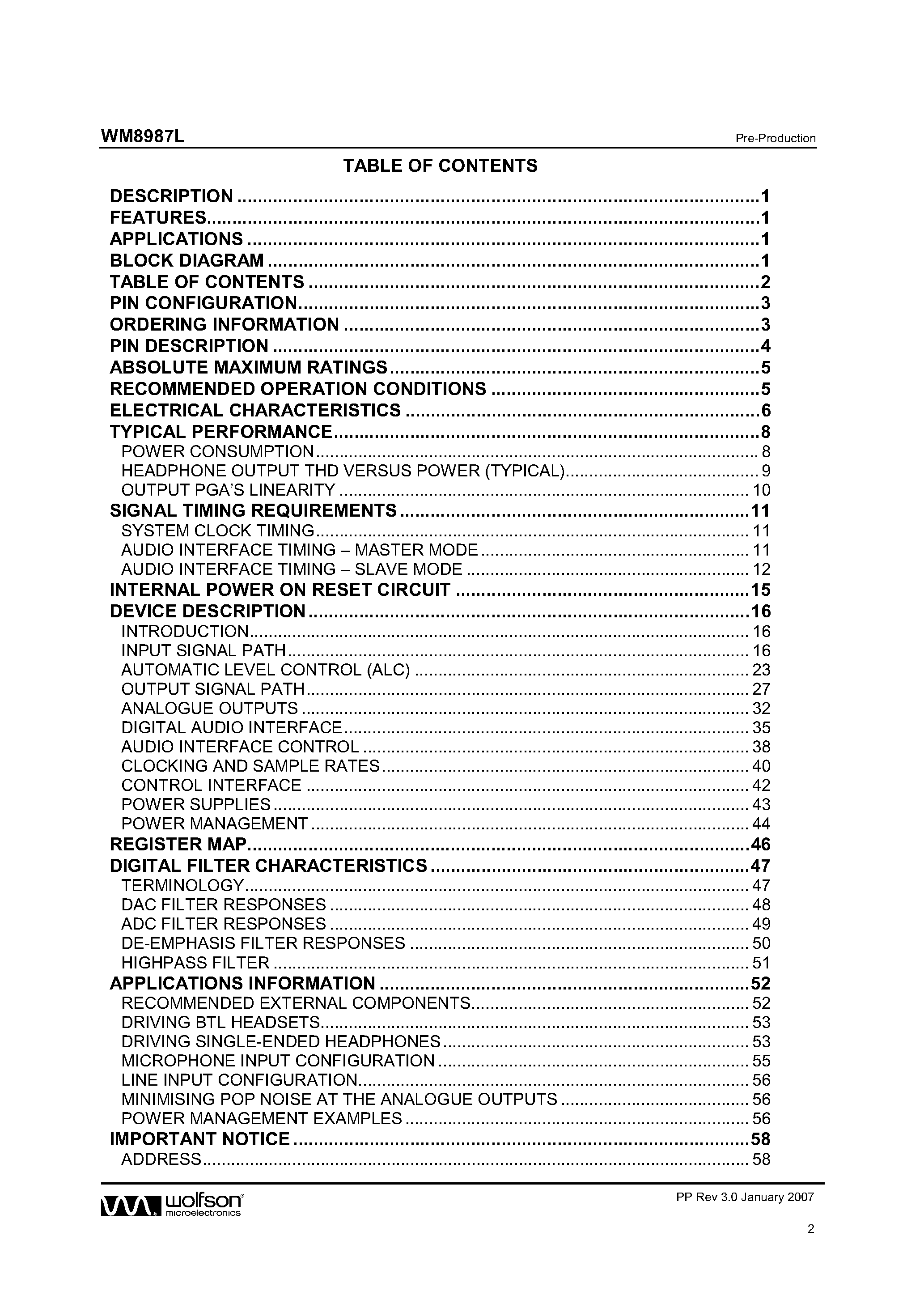 Datasheet WM8987L - Stereo CODEC page 2