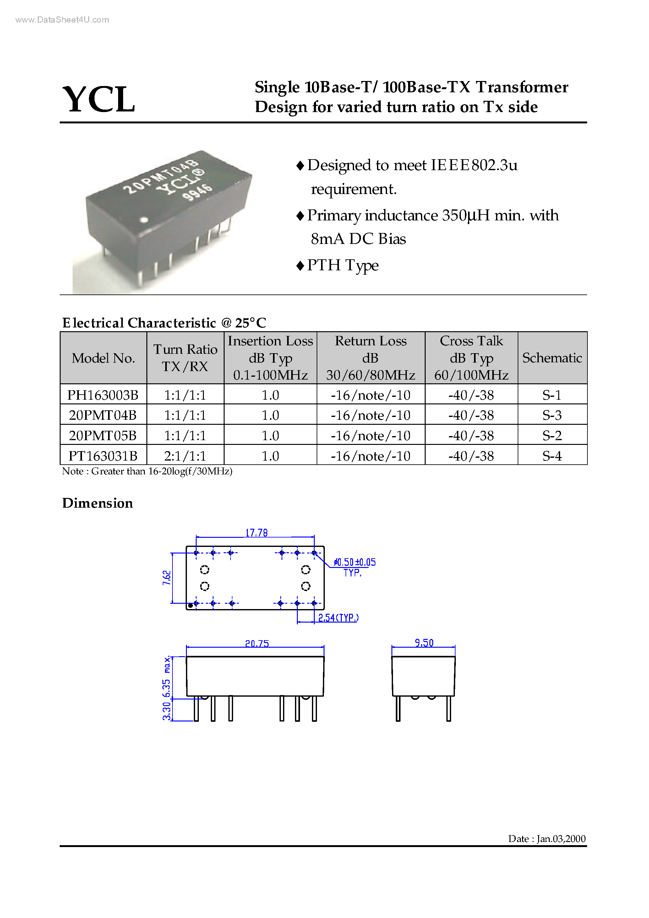 Datasheet 20PMT04B - (20PMT04B / 20PMT05B) Single 10Base-T/100Base-TX Transformer Design page 1