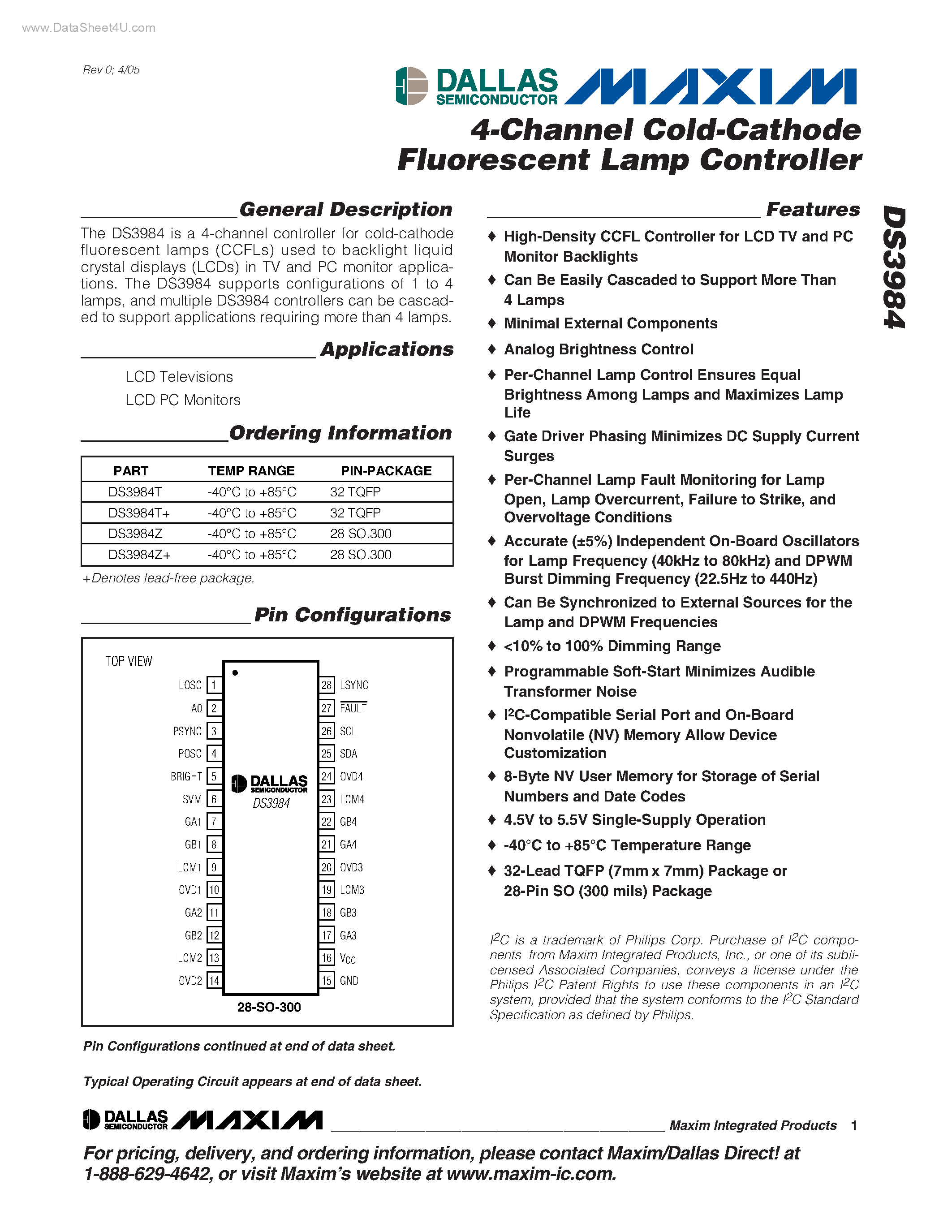 Datasheet DS3984 page 1 Datasheet DS3984 - 4-Channel Cold-Cathode Fluorescent Lamp Controller page 1