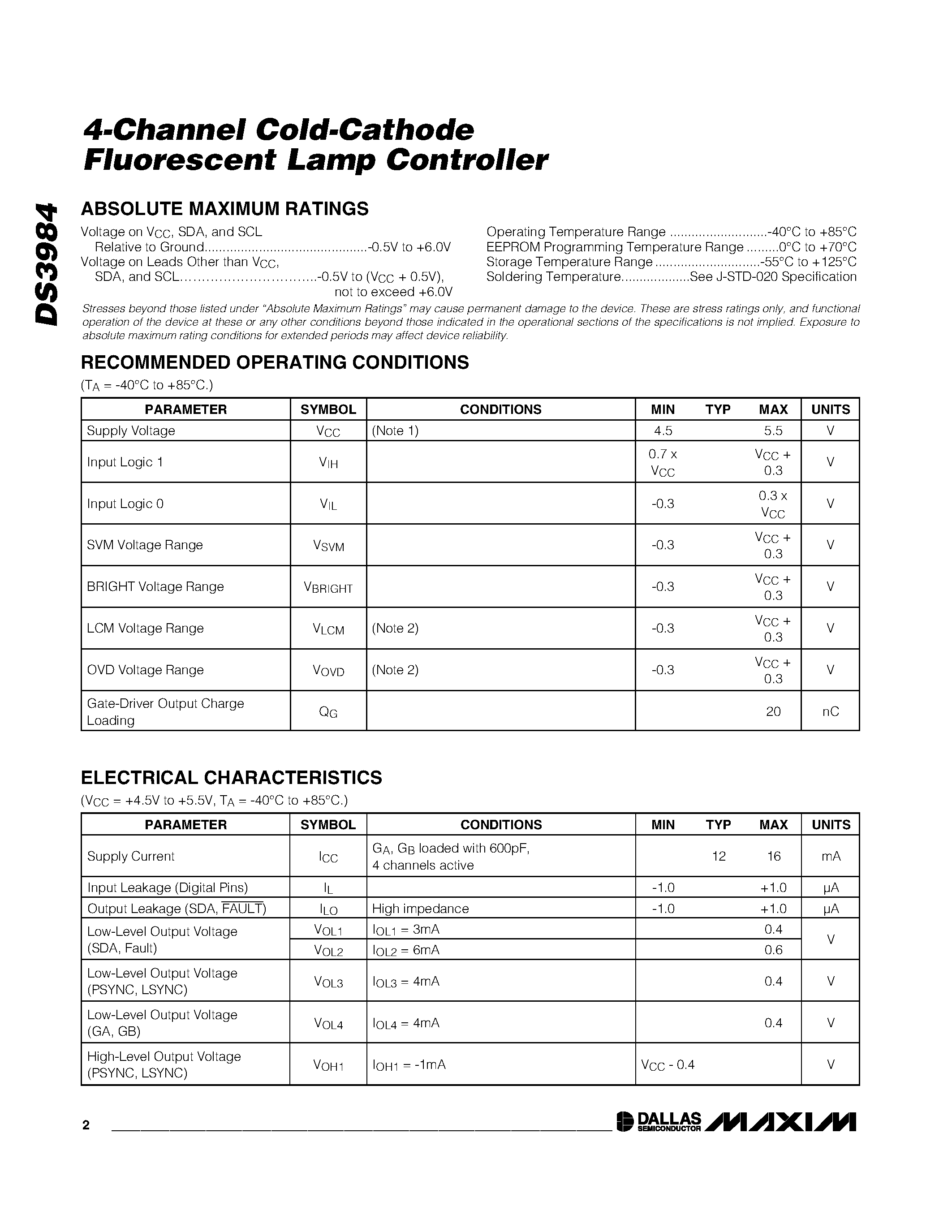 Datasheet DS3984 page 2 Datasheet DS3984 - 4-Channel Cold-Cathode Fluorescent Lamp Controller page 2