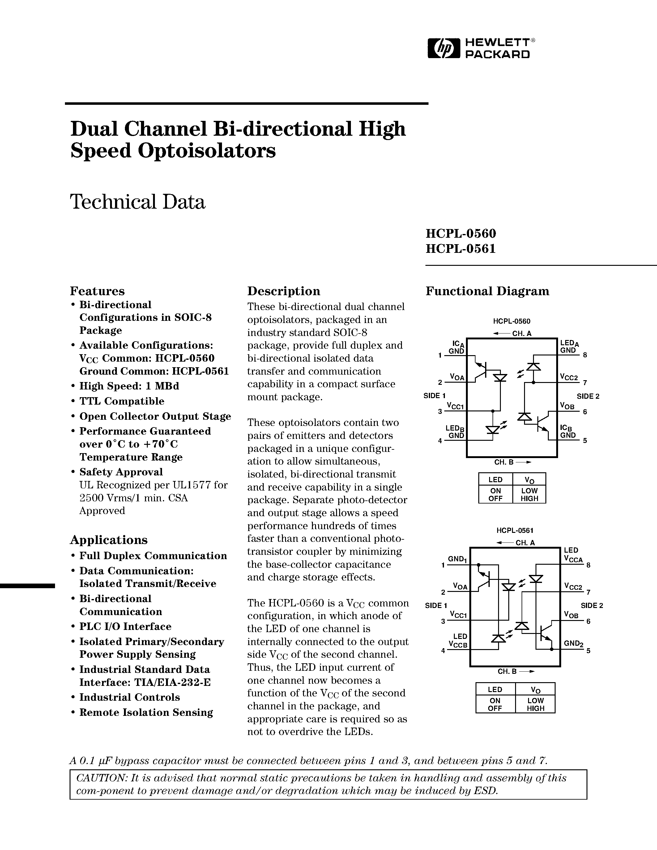 Datasheet HCPL-0560 - (HCPL-0560 / HCPL-0561) Dual Channel Bi-directional High Speed Optoisolators page 1