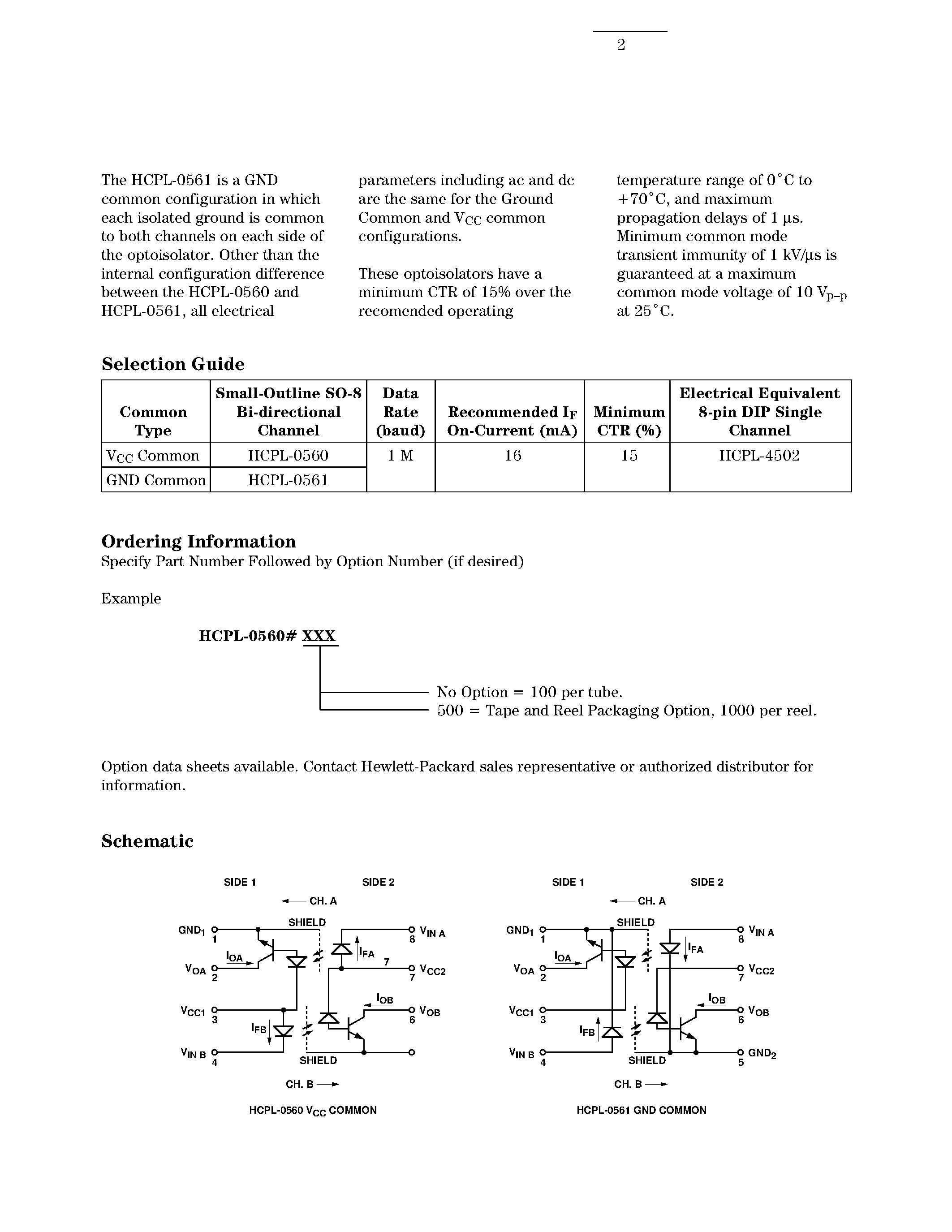 Даташит HCPL-0560 - (HCPL-0560 / HCPL-0561) Dual Channel Bi-directional High Speed Optoisolators страница 2