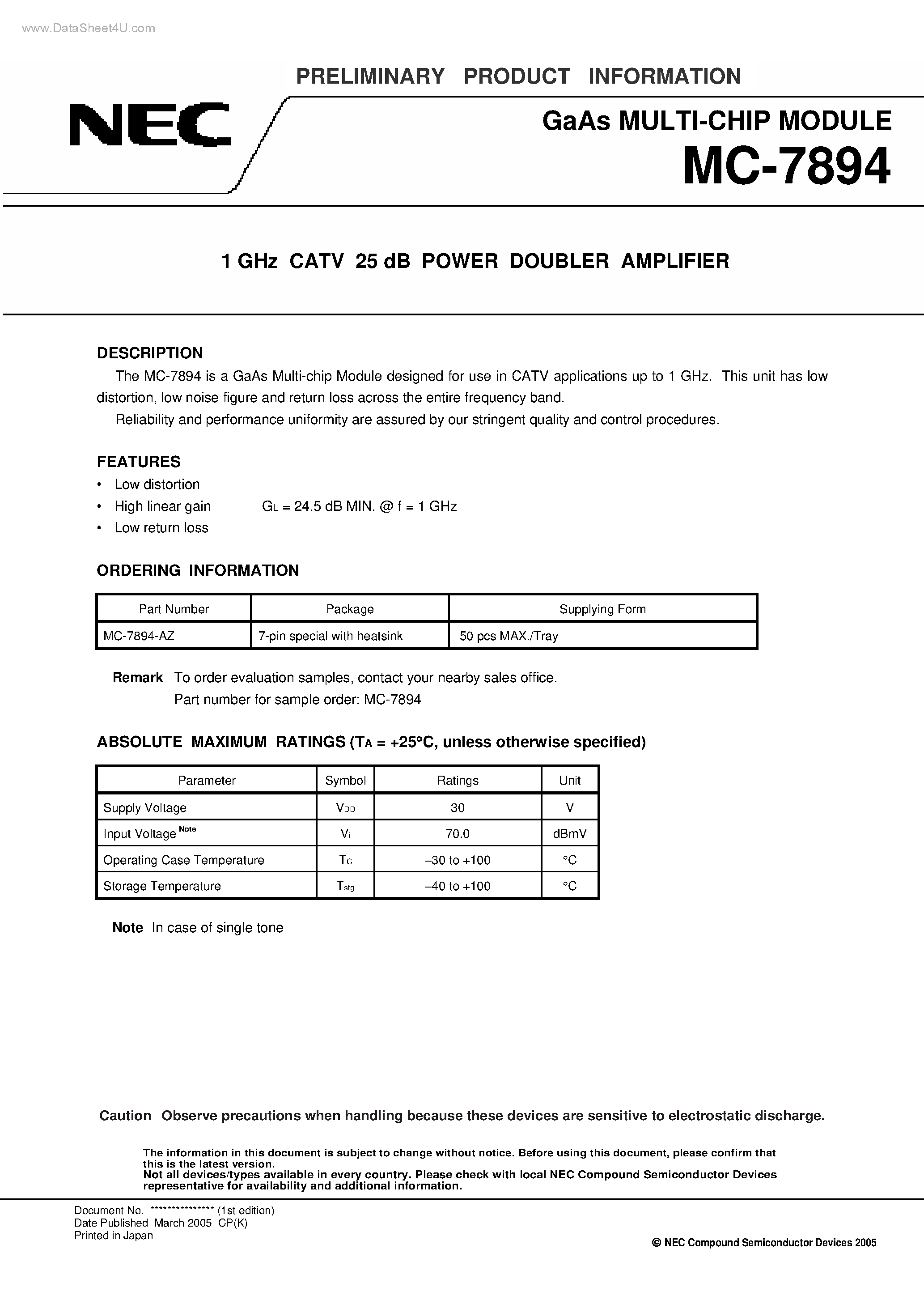 Datasheet MC-7894 - 1 GHz CATV 25 dB POWER DOUBLER AMPLIFIER page 1